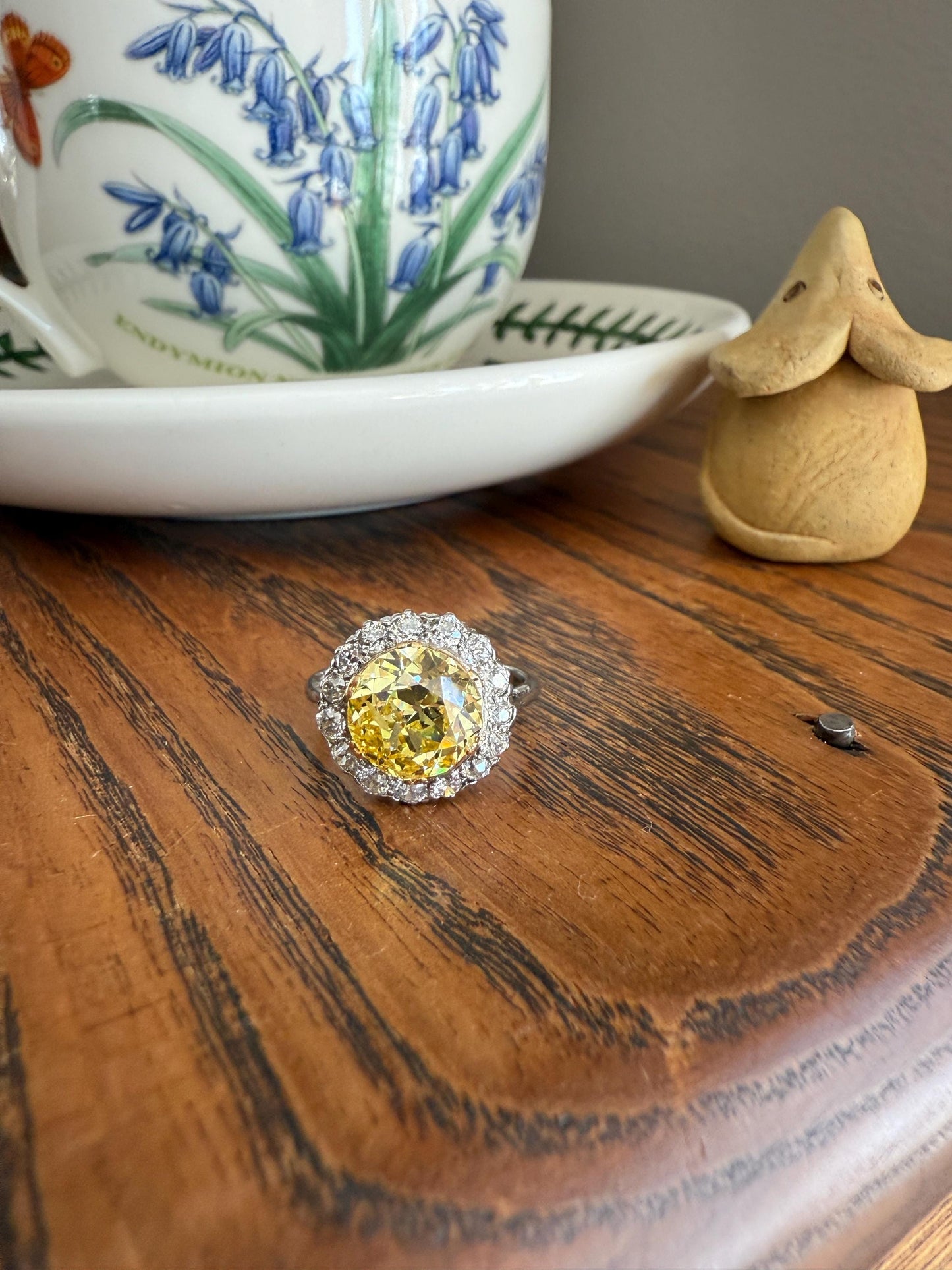 ANTIQUE Fancy Canary Yellow 2.9 Carat Old Mine Cut Diamond Colorless OMC Halo 3.65Ctw Cluster Ring Edwardian Platinum