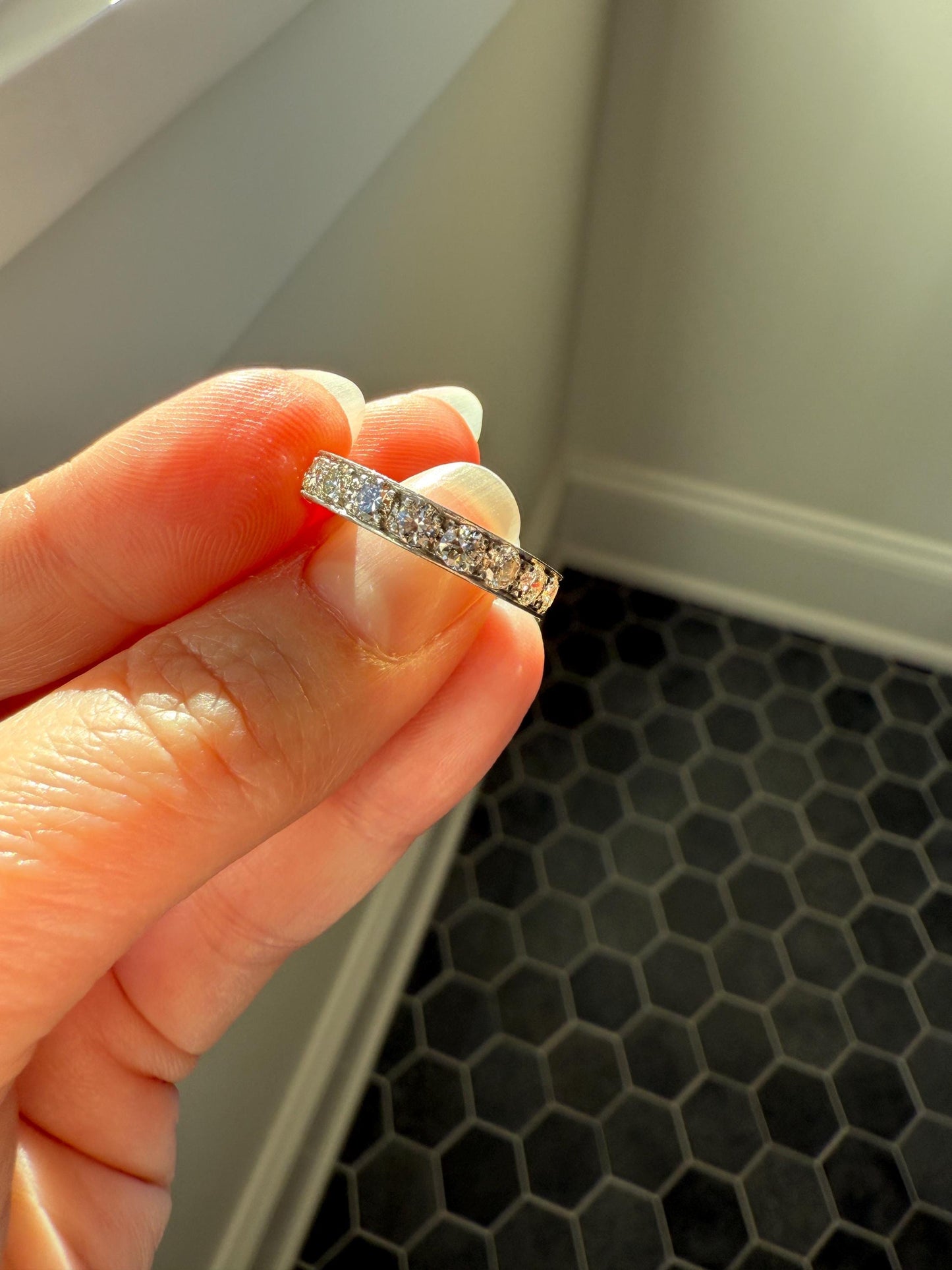 French Vintage Almost Eternity 1.8 Carat Transitional Cut Diamond Wedding Cigar Band Ring 3/4 Hoop 18k Gold Platinum Stacker Half Hoop