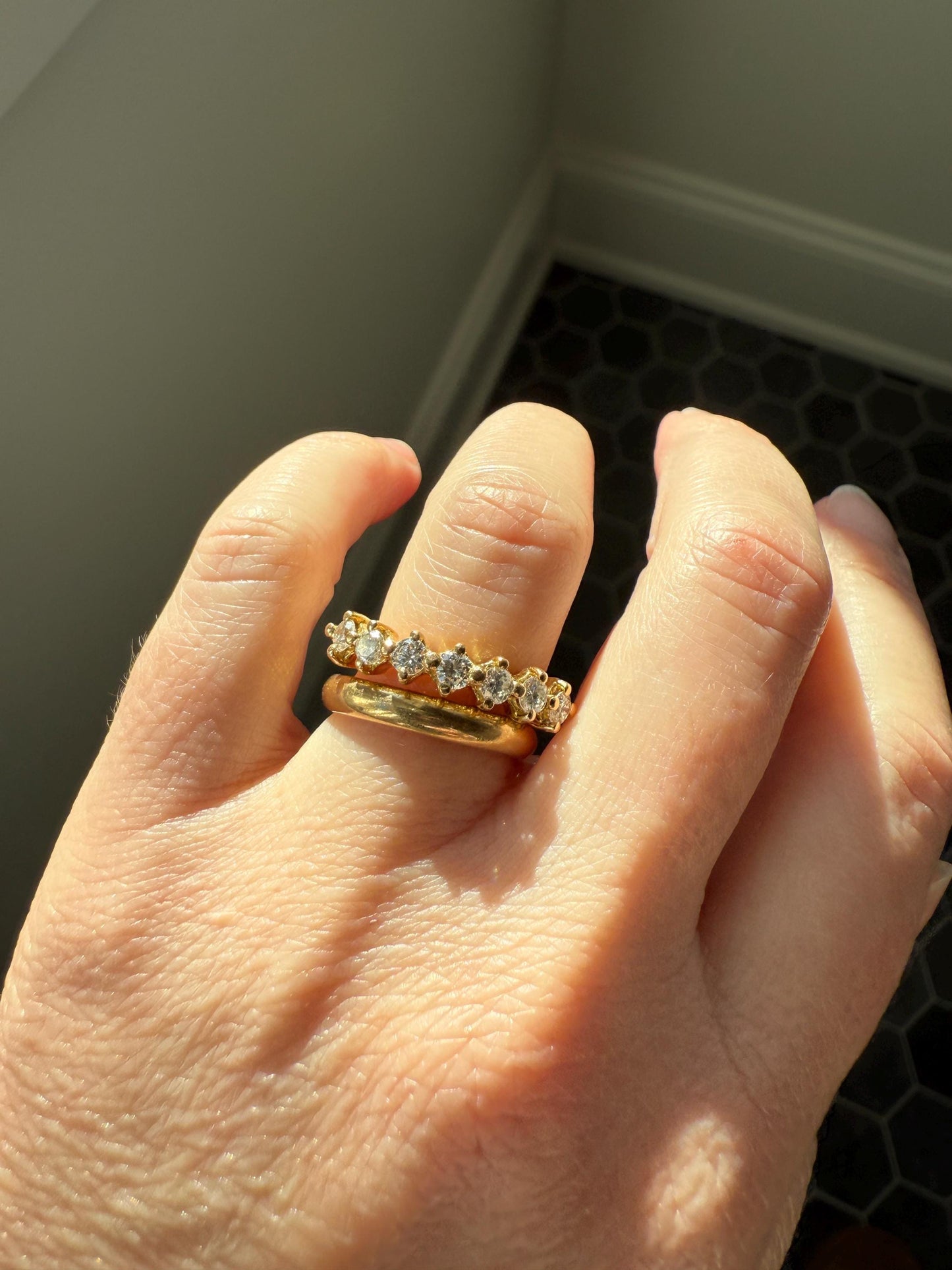 Vintage Seven Stone Diamond Half Hoop Eternity Band French 18k Gold Wedding Stacker