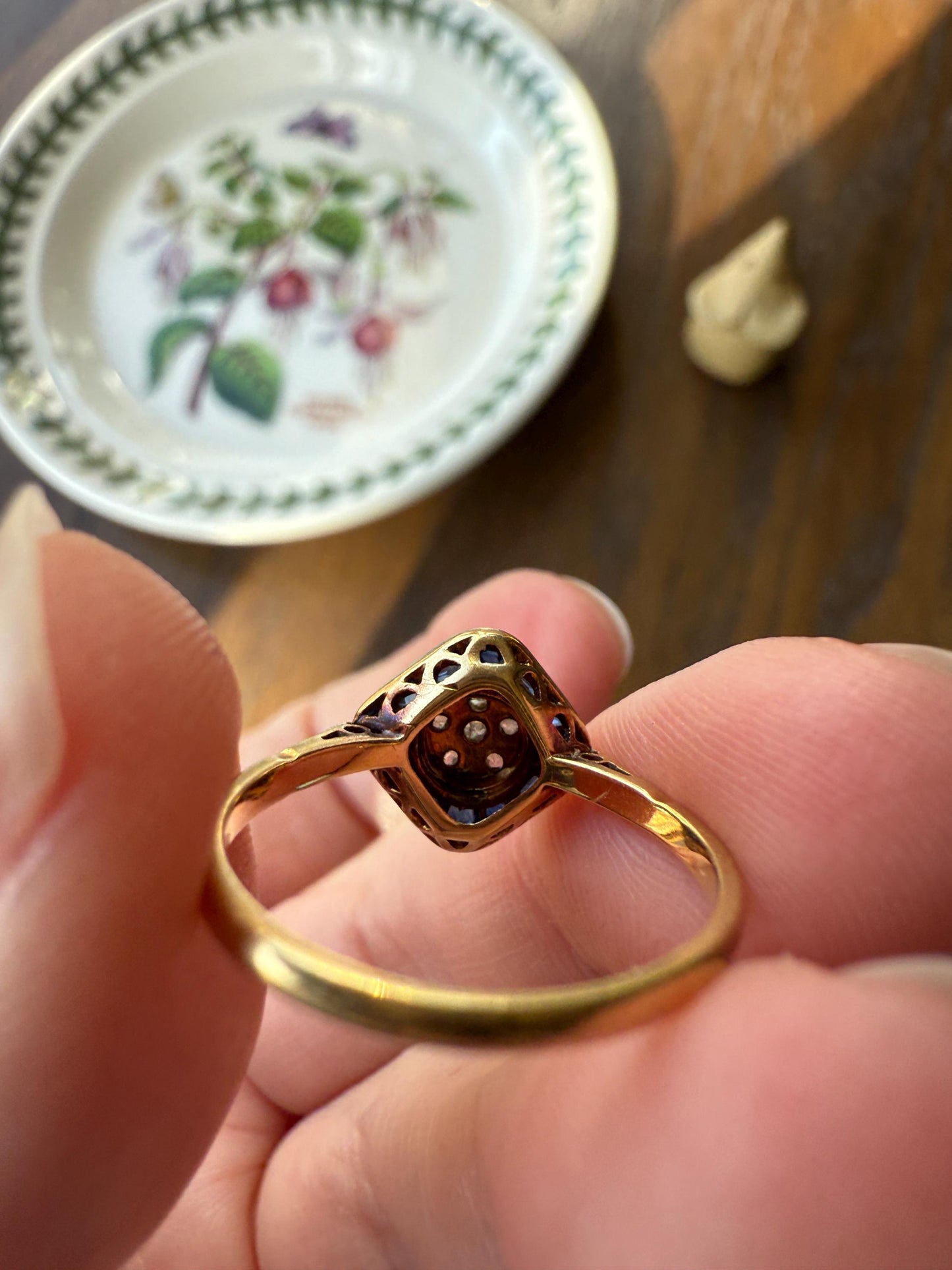 Antique Rose Cut Diamond Trapezoid Sapphire HALO Ring 18k Gold Blue Target Bullseye Square Geometric Stacker