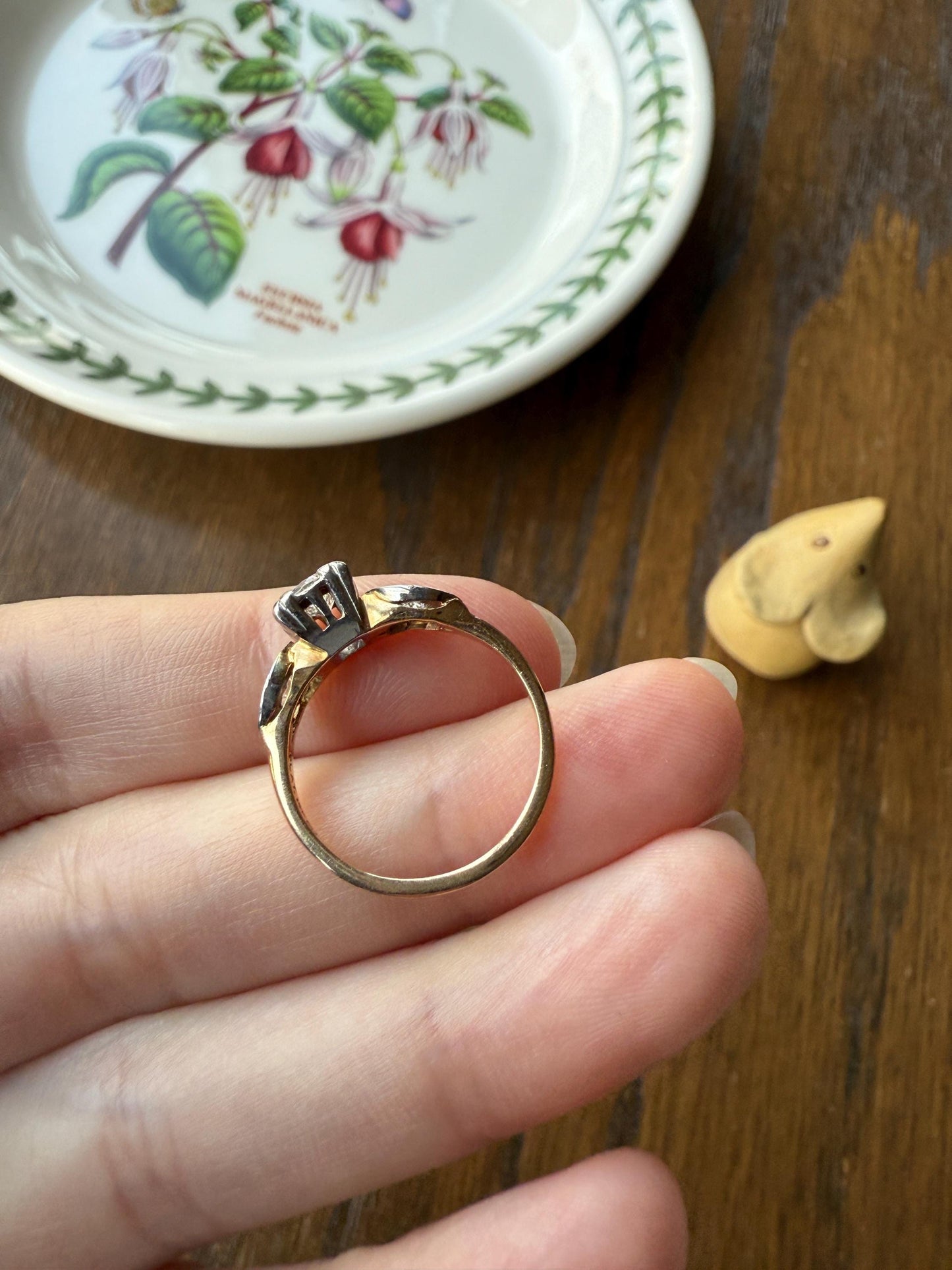 Old European Cut Diamond .75 Carat Tdw Three Stone Ring Solitaire with Accents Engagement Ring 14k Gold Platinum Edwardian Art Deco