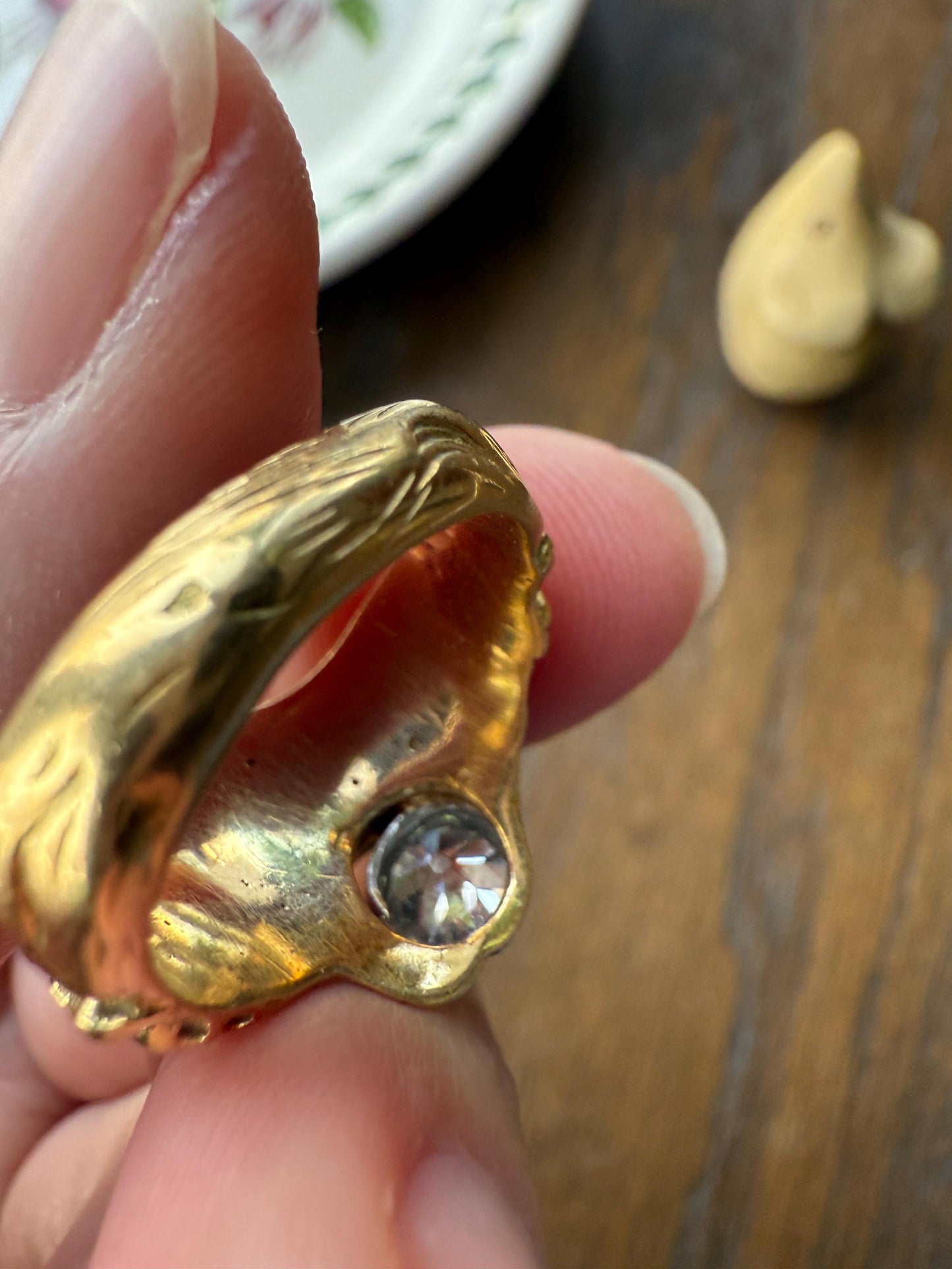 LION Antique HEAVY French 13.6g 18k GOLD Solid Ring One Carat Old Mine Cut Diamond Wide Band 3D Gift Figural Animal Jewelry Man Unisex OmC