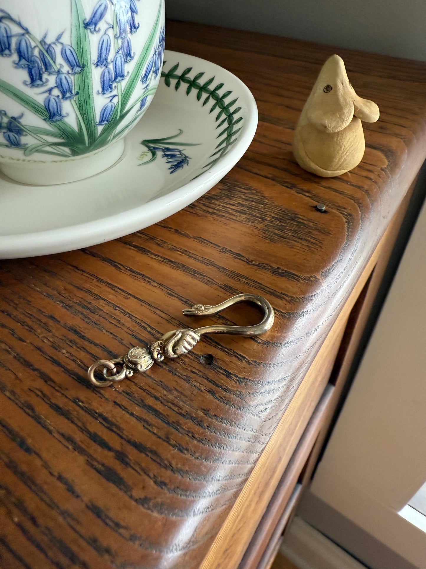 Rare ANTIQUE Hand Holding SNAKE Hook Pendant Holder Victorian Figural Parts Findings Gold Wash Gilt Metal Silver? Reversible 3D