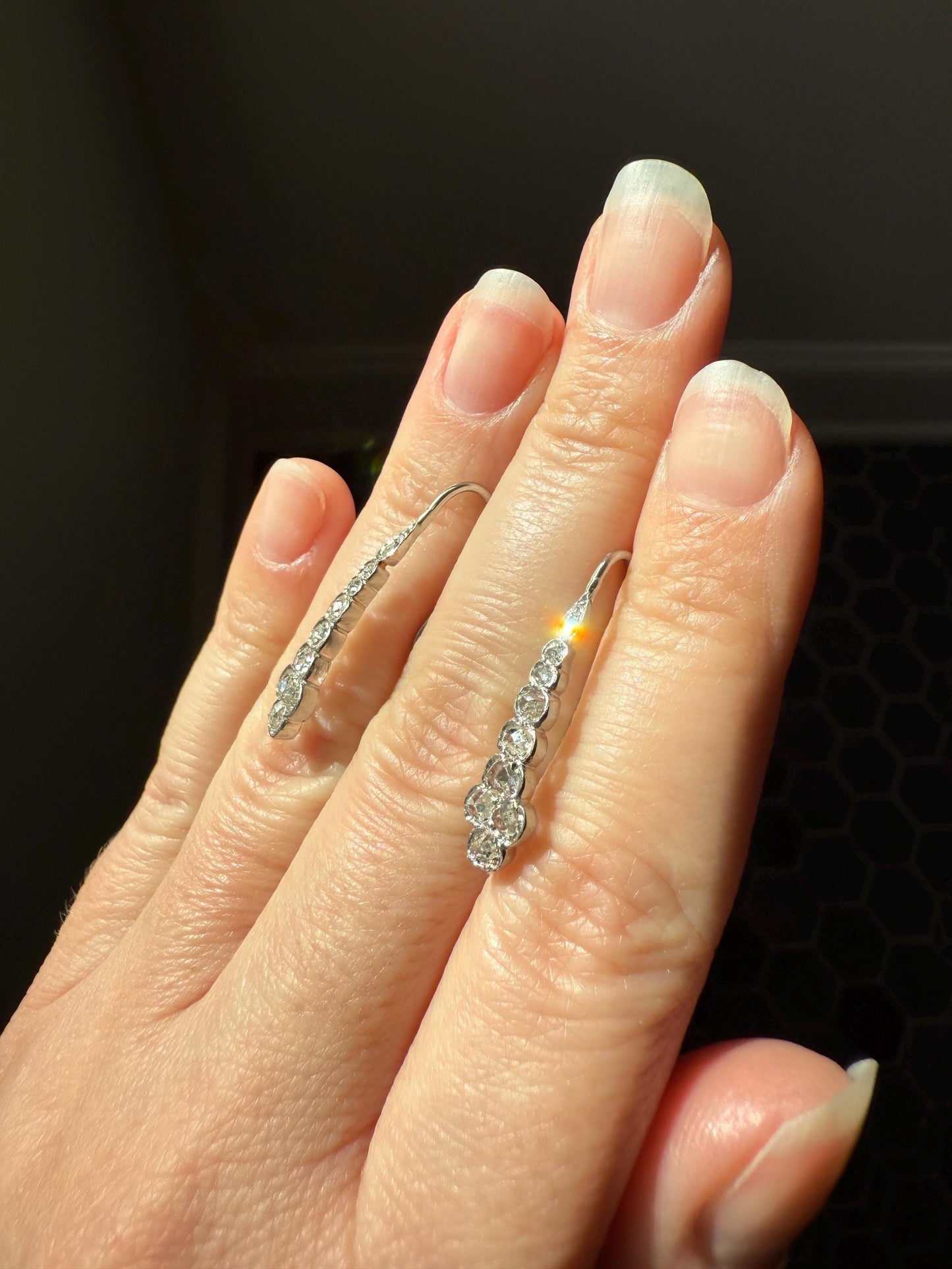 Beautiful Antique Platinum Linear Rose Cut Diamond Earrings Fixed Ear Wires Dangle Drop Clusters