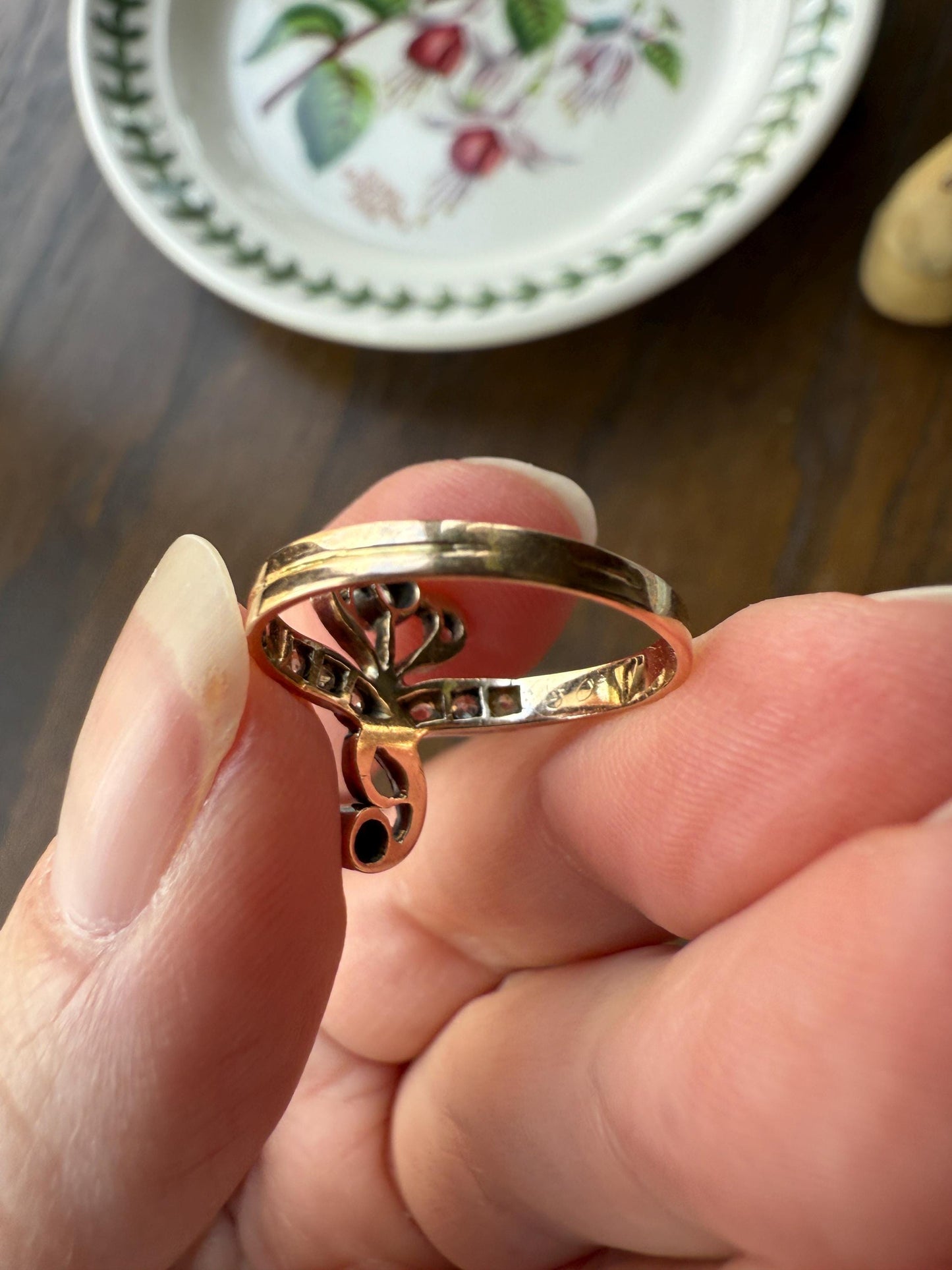 Antique Art Nouveau Jugendstil Old Mine Rose Cut Diamond Whiplash Swirl Stylized Flower Ring 14k Gold Silver Figural Ornate