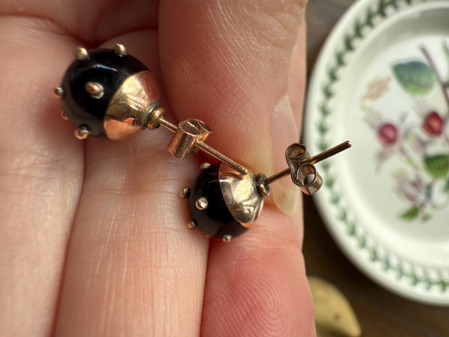 Sphere Circular 3D Victorian Black Spiked Stud Earrings with Ball Rivets " Sputnik " Style but Antique 10k Gold Studs Jet?