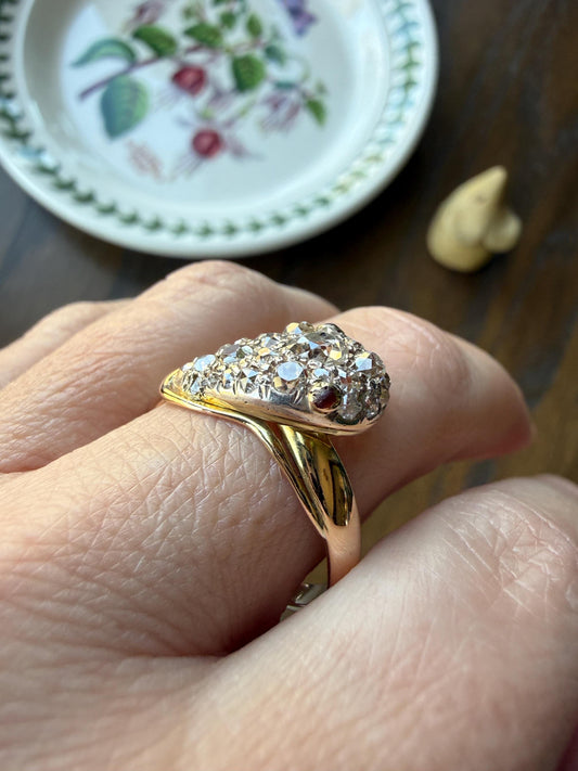 SNAKE Antique Figural Ring Chunky 1.5 Carat Rose Old Mine Cut Diamonds Encrusted Head Center Pear Ruby Eyes 18k Gold Solid 3D Band