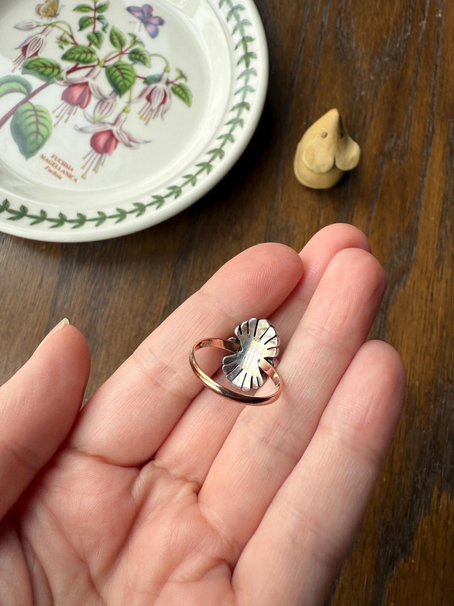 Antique Fan Feather Art Deco Natural Diamond Figural Ring 14k Gold Solid Silver Architectural