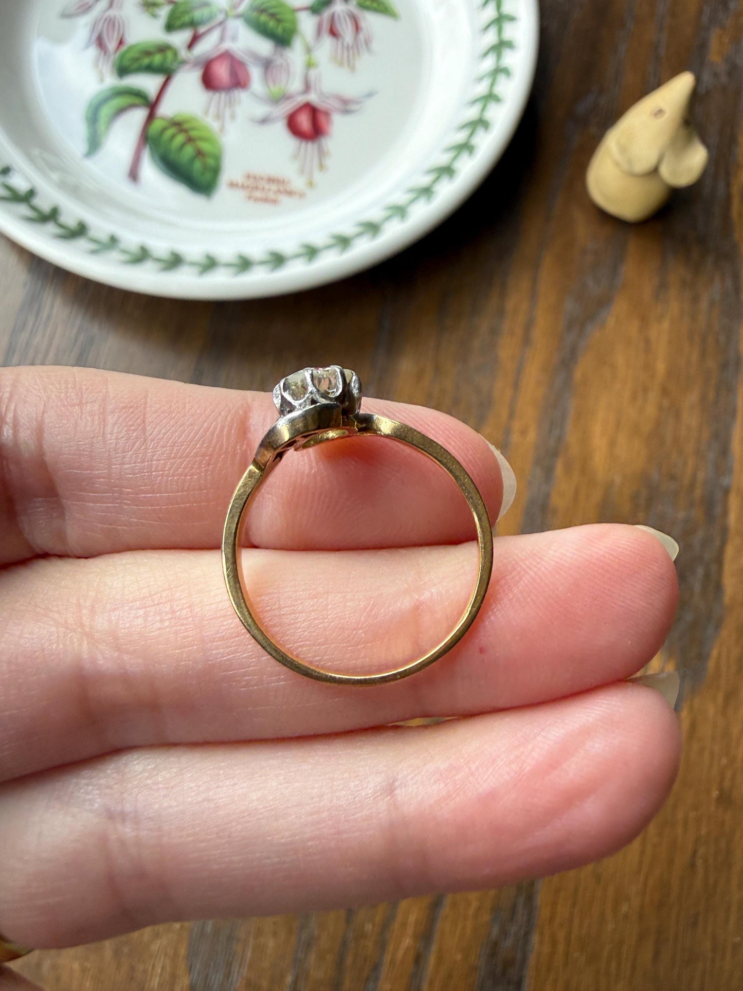 French Antique .6 Carat Natural Old Mine Rose Cut DIAMOND Solitaire Swirling Bypass 18k Gold Solid Ring Ornate Stacker Unique Engagement