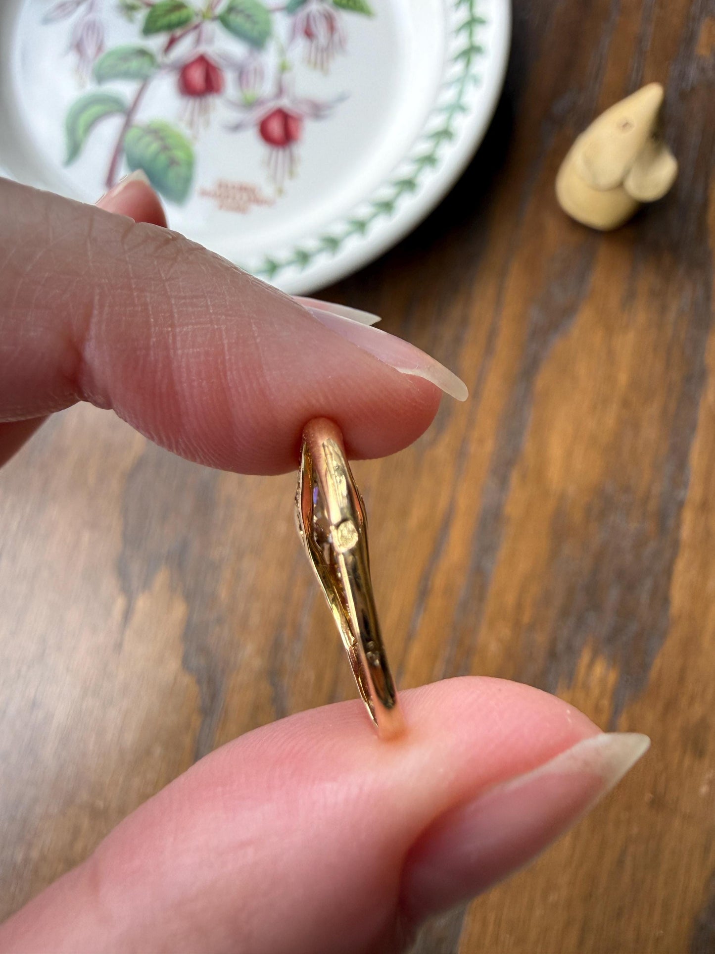 Marquise East West Old Mine Cut Ornate Filigree Ring 18k Gold French Antique Unique Band Stacker