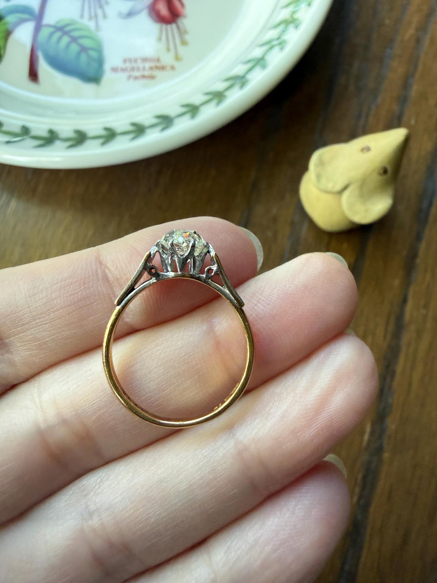 Chunky Antique 1.2 Carat Old Mine Cushion Cut DIAMOND Solitaire with Accents TULIP Floral Shoulders 18k Gold Platinum Engagement