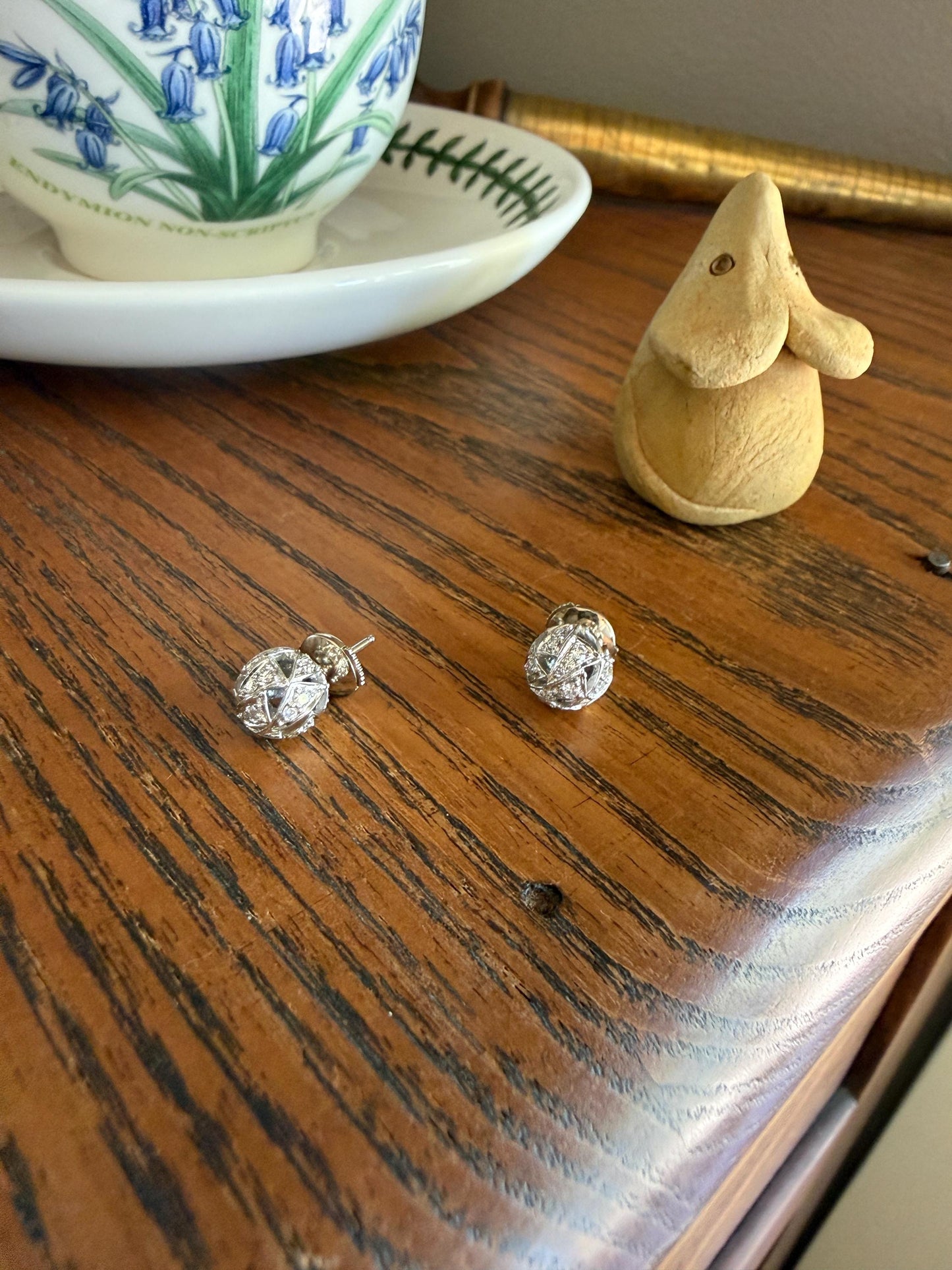 French Vintage Diamond SPHERE Studs Faceted 3D Button 18k White GOLD Solid EARRINGS Earstack Geodesic Dome