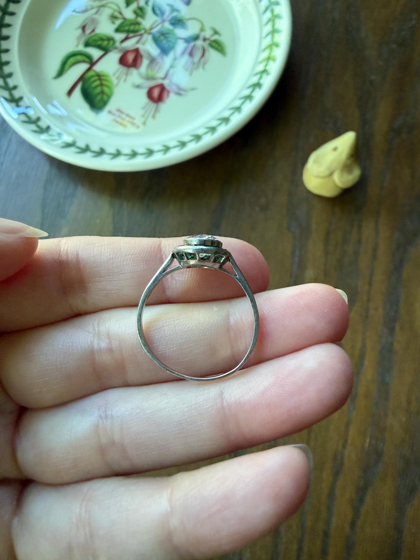 Antique 1.1 Carat Old European Cut DIAMOND Emerald Halo PLATINUM French Antique Green Target Bullseye Ring Stacker