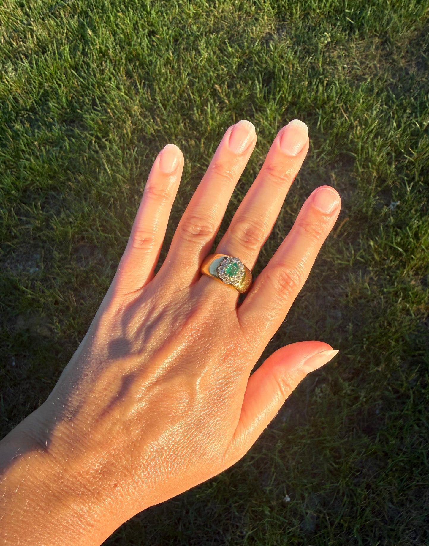 HEAVY Antique French 11.3g 18k Gold Wide Band Natural Emerald .75 Carat Old Mine Cut Diamond Halo Cluster
