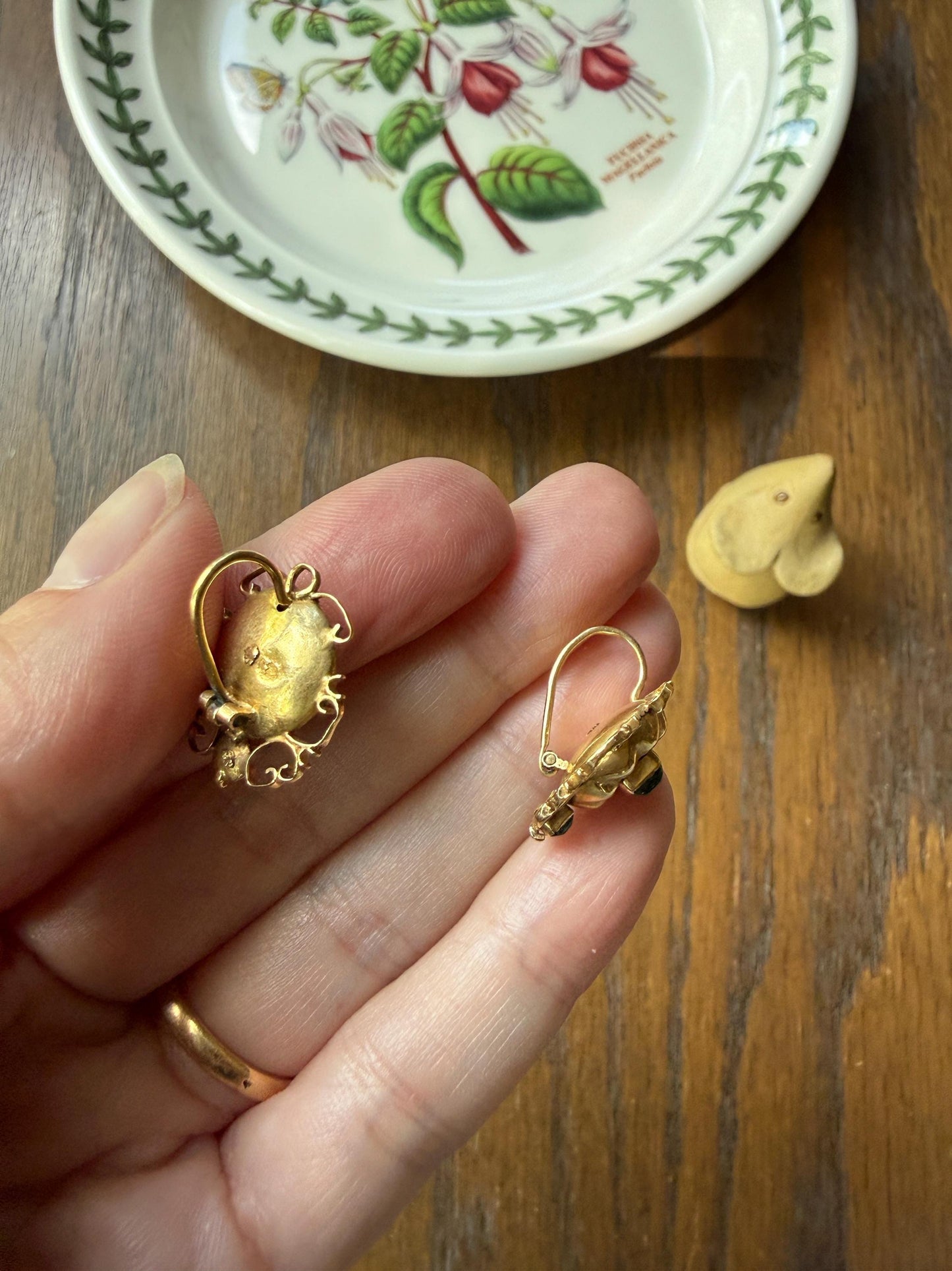 ANTIQUE Iberian Natural Square Cut EMERALD Georgian Era Floral Scrolling Dormeuse Earrings 18k Gold Hand Made Baroque Green