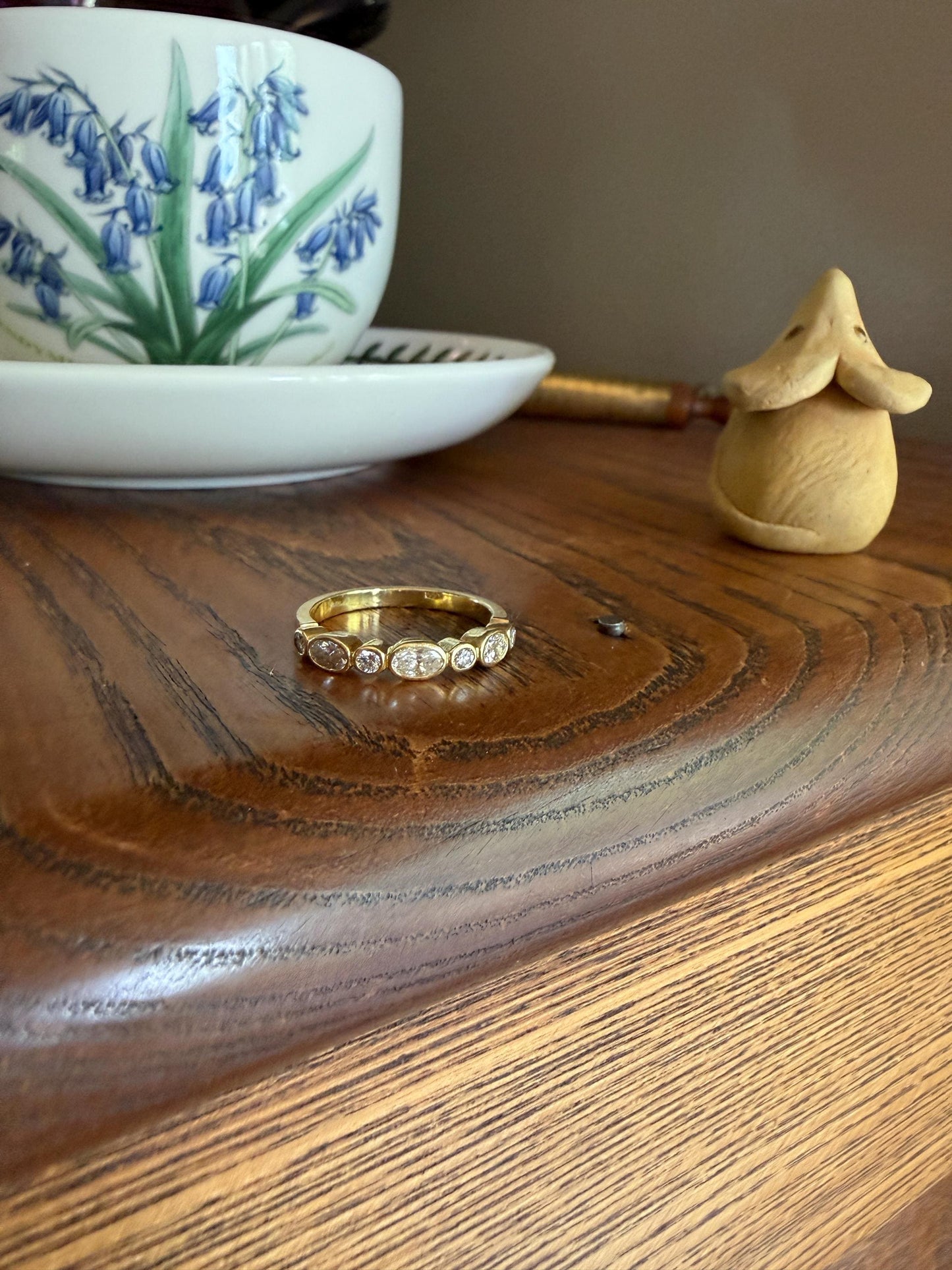 Vintage Seven Stone Oval and Round DIAMOND East West Skinny Band 18k Gold Ring Minimalist Stacker Half Hoop