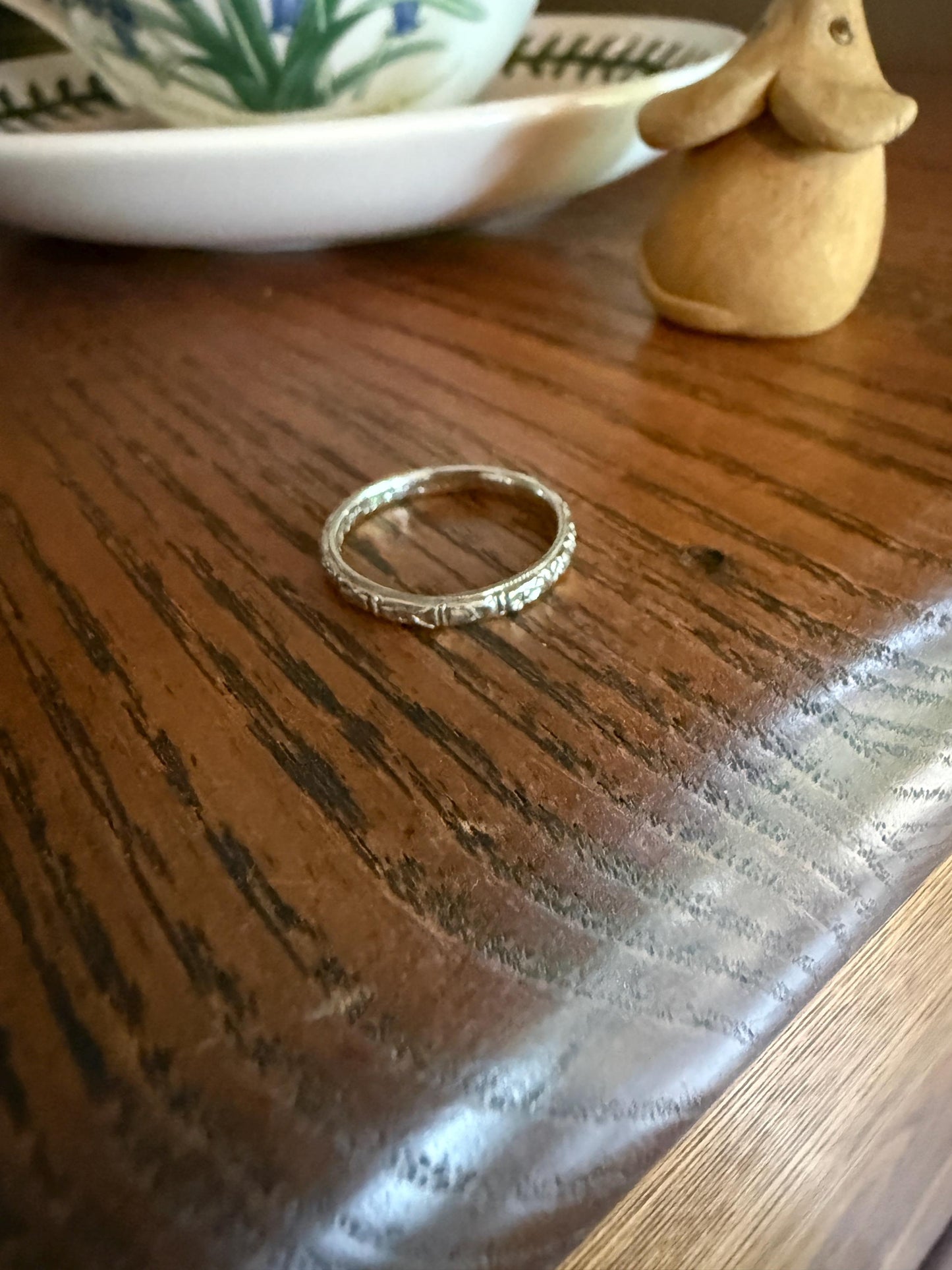 DATED 12/28 1932 ORANGE BLOSSOM Floral Embossed Vintage Art Deco 18k White Gold Solid Eternity Stacker Skinny Wedding Band Pansy Flowers