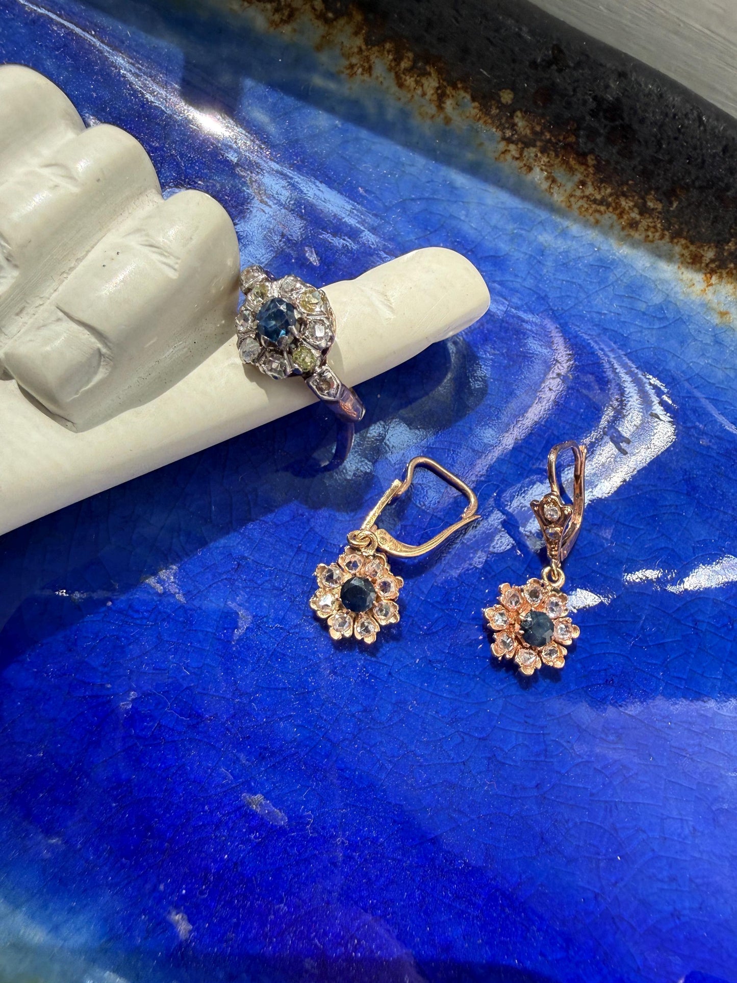 Antique Natural Sapphire Mixed Old Cut Diamond Halo Ring French Victorian 18k Gold Mine Rose & Table Cut Fancy Light Yellow Cluster Blue