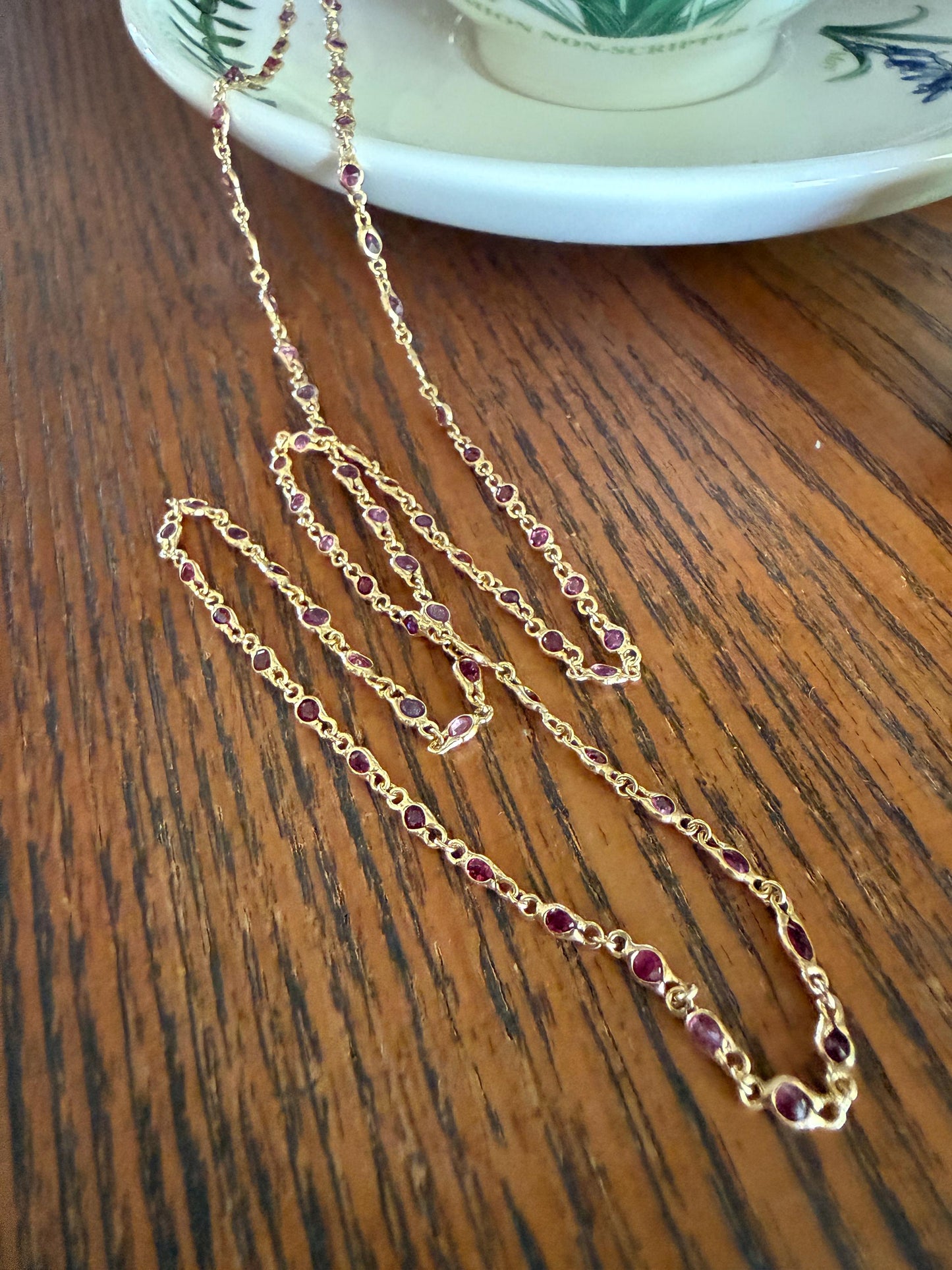 Vintage 88 Natural Ruby Pink Purple Sapphires Bezel Set Eternity Station Chain 14k Gold Necklace 24.5" Long Neckstack