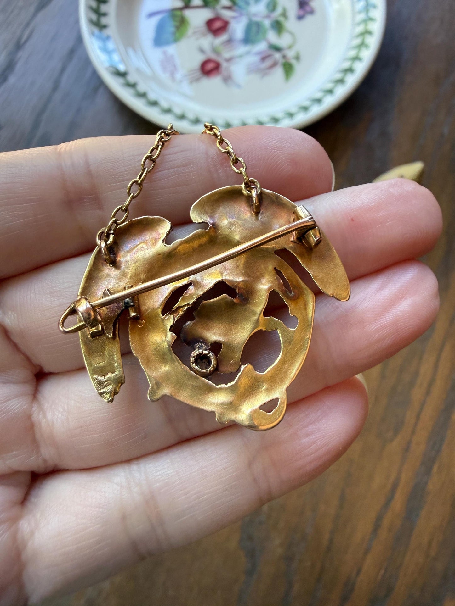Large Antique 14g 18k Gold DRAGON Medallion Pendant on Chain Old Mine Cut Diamond Necklace Chimera Griffin French FIGURAL Belle Epoque