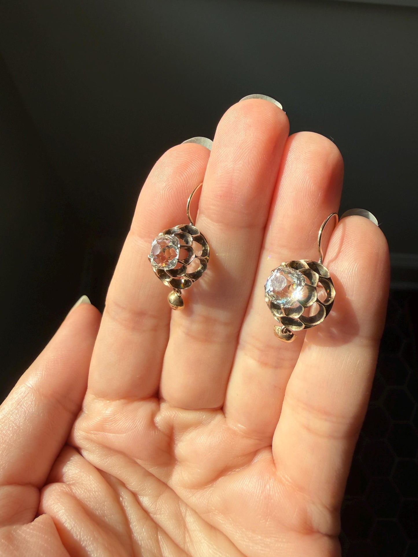 Victorian Large 2.8 Carats Total Antique Dangle Earrings Super Chunky Clear White Old " Mine " Cushion Cut Paste 10k Gold 2.8ctw
