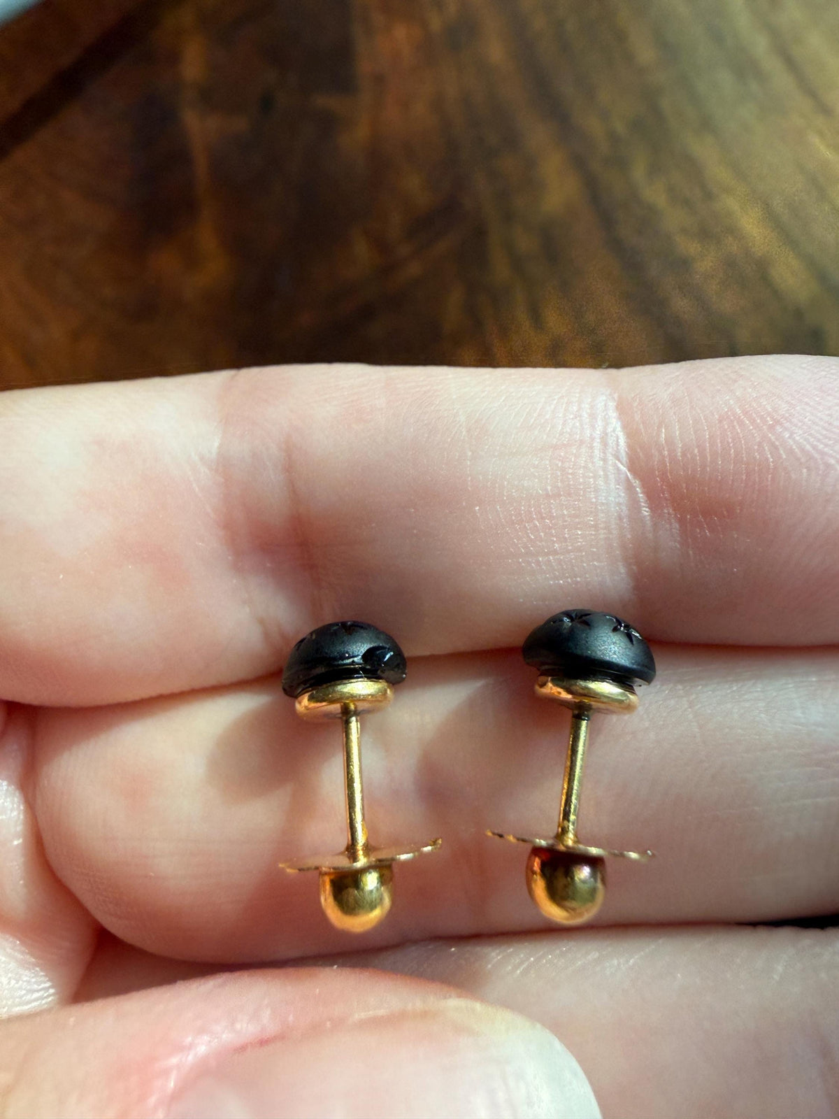 Black Starburst Button 3D Studs Antique French 18k GOLD Solid Figural EARRINGS Screw Back Stud Minimalist Sturdy Daily Wearers