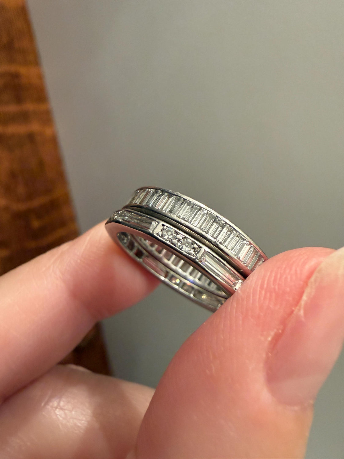 Antique Art Deco 1 Carat PLATINUM Natural Baguette and Old Single Cut Diamond Eternity Ring Skinny Stacker Beveled Channel Set Wedding Band