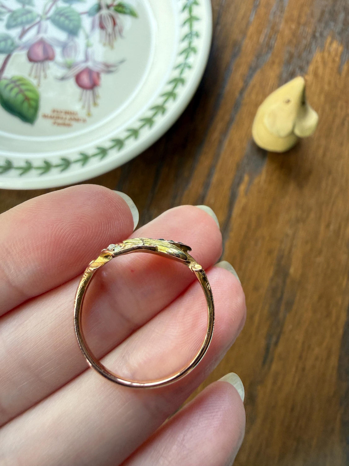 Rare French Antique Art Nouveau Floral 3D Cyclamen Ring 18k Tricolor Rose & Green Gold Emerald Rose Cut Diamonds Figural Stacker Band