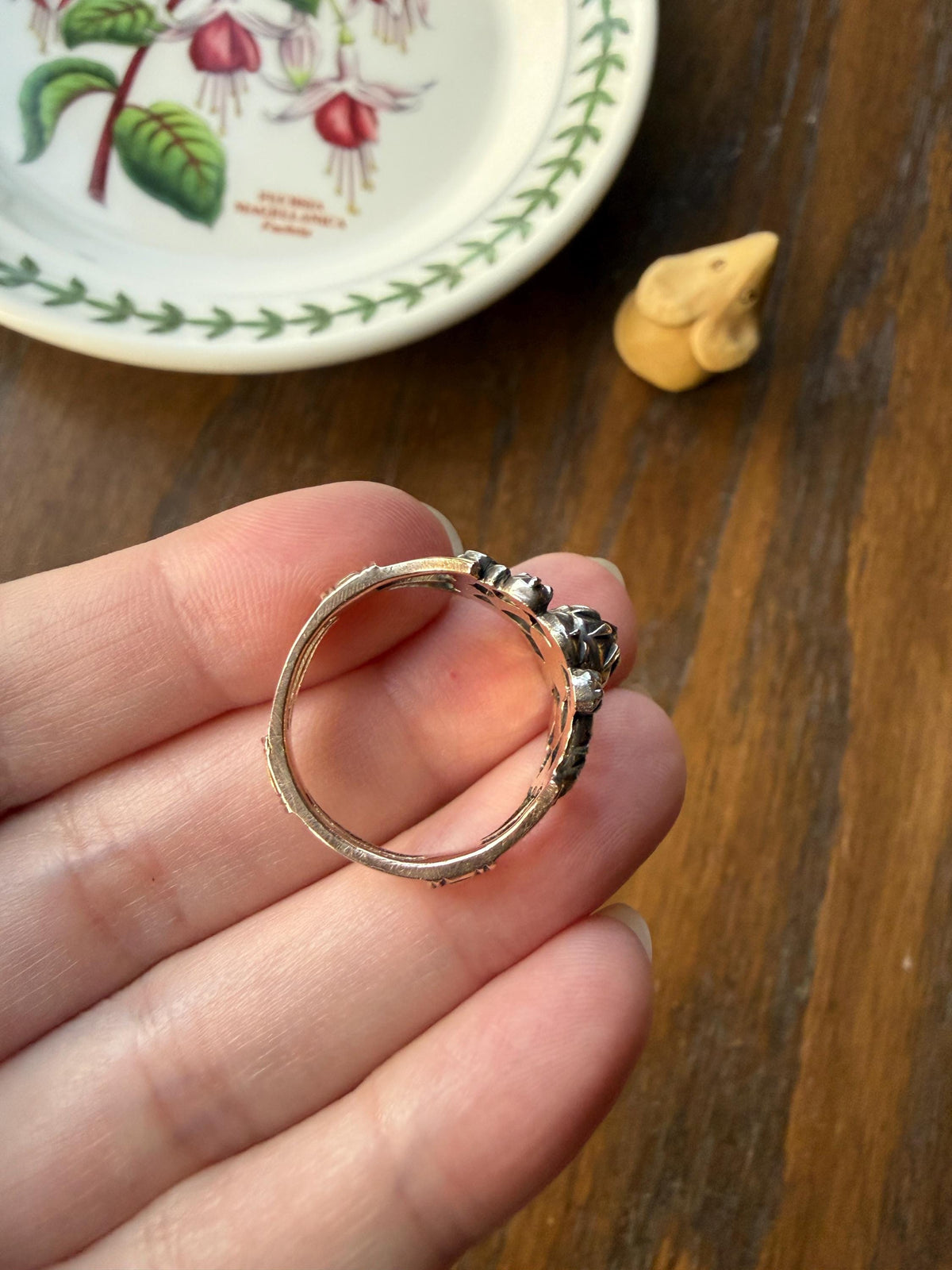 Ornate Victorian Antique Lacy Floral Vine 14k Gold Silver Rose Cut Diamond Ring Scrolled Wide Band Stacker