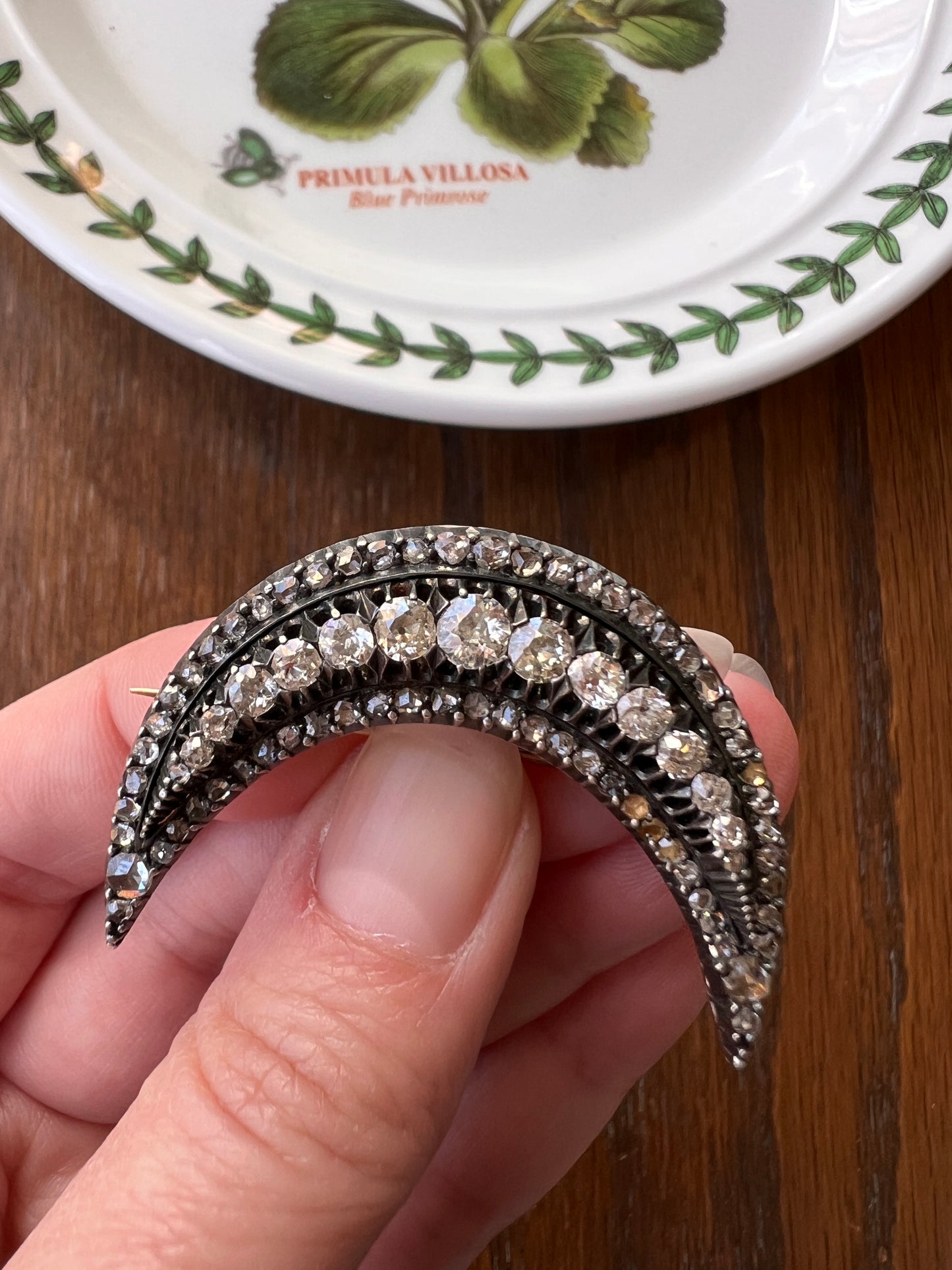 Special XL Crescent MOON 2 3/4 Carats Rose Old Mine European Cut DIAMOND Brooch Pendant French Antique 14k Rose Gold Silver