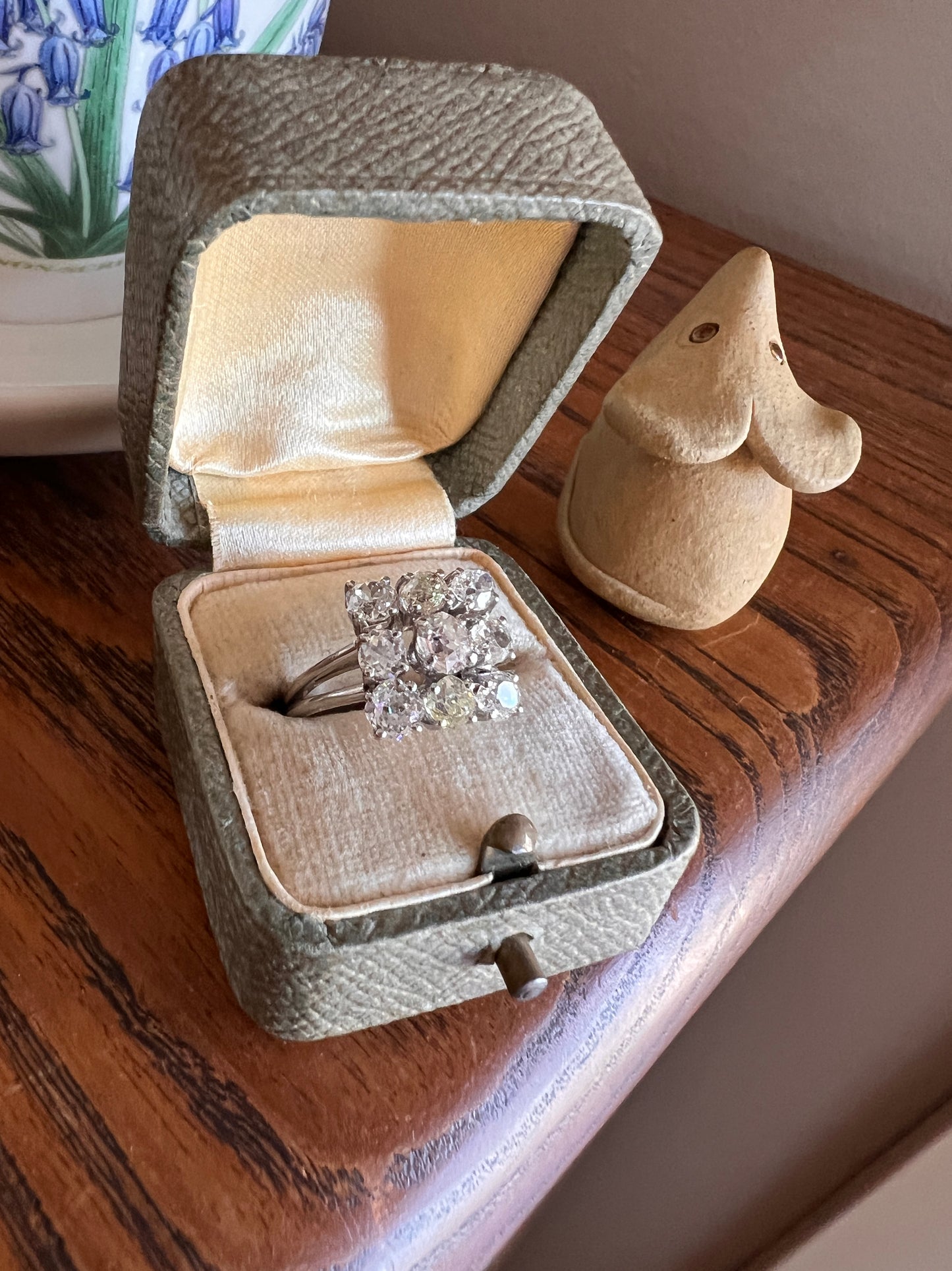 SQUARE Domed Grid French ANTIQUE 1.75 Carats Old Mine Cut Yellow & White DIAMOND Cluster Ring 18k White Gold