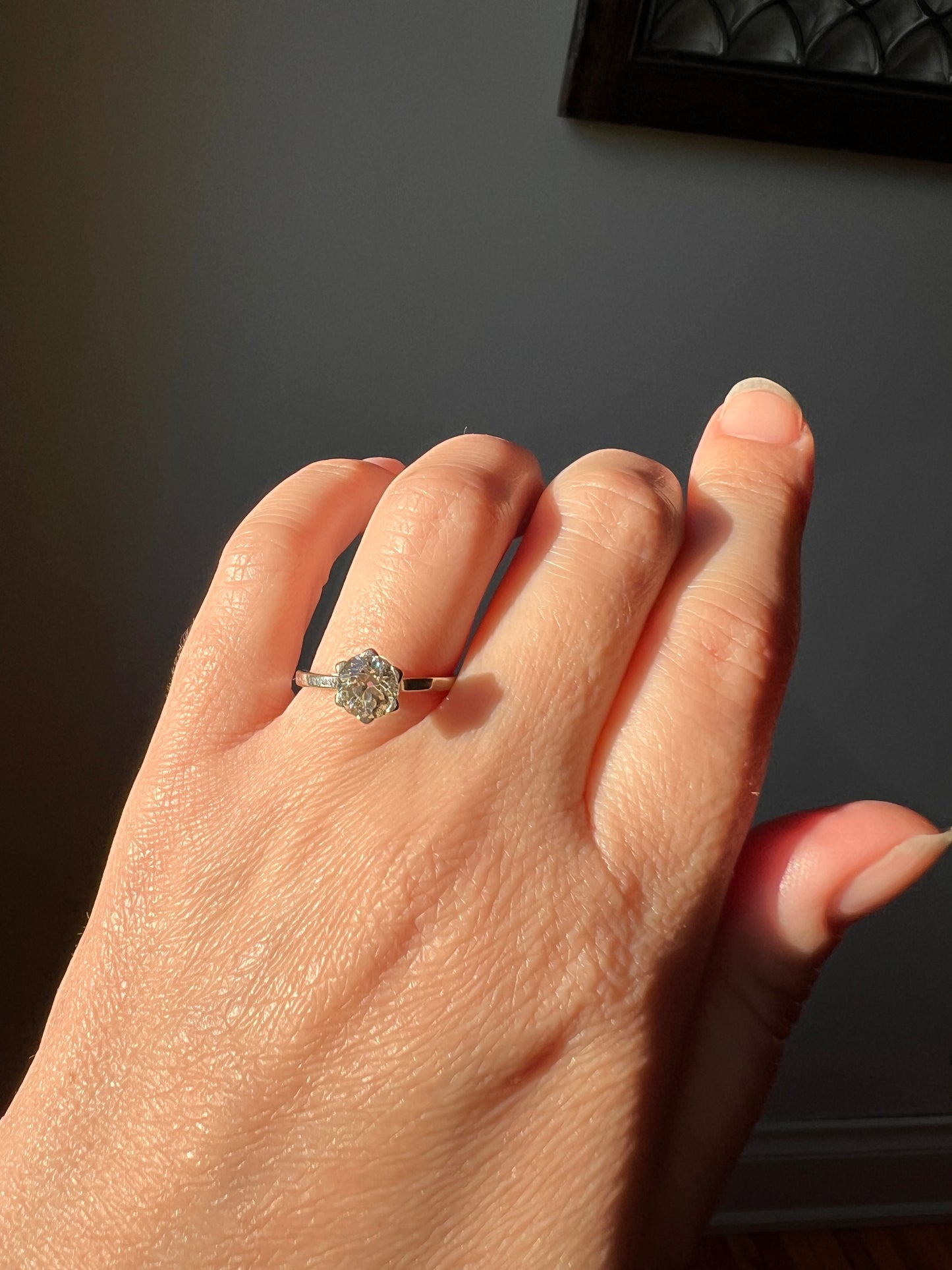 Antique 1 CARAT Old Mine Cut DIAMOND Solitaire Engagement Ring 18k White Gold PLATINUM French Art Deco Warm Very Pale Yellow Tall