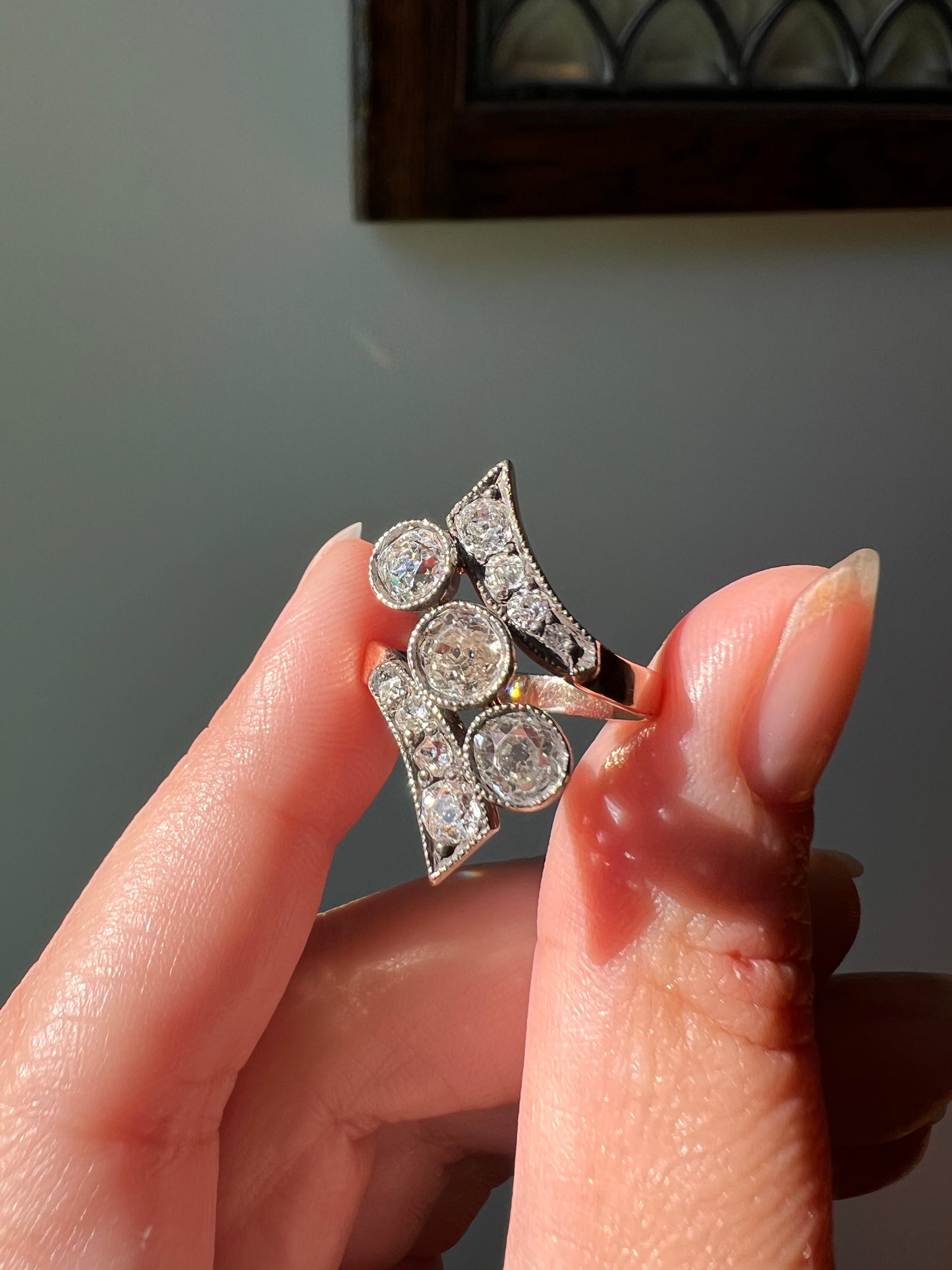 BYPASS Antique 2.1 CARATS Old Mine Cut DIAMOND Chunky Ring 14k Gold & Silver