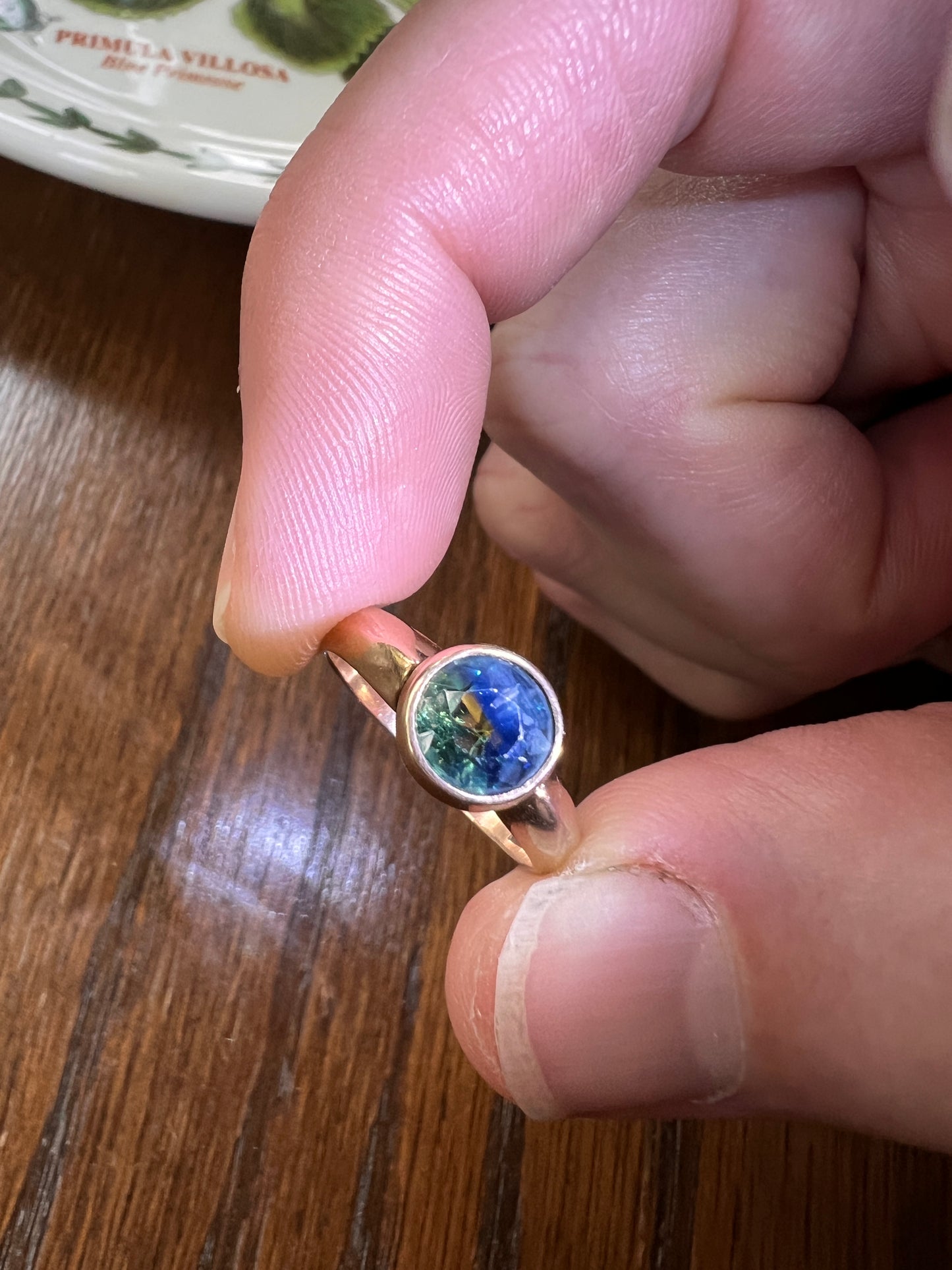 50/50 GREEN Half BLUE Natural Old Cut Sapphire Victorian Ring