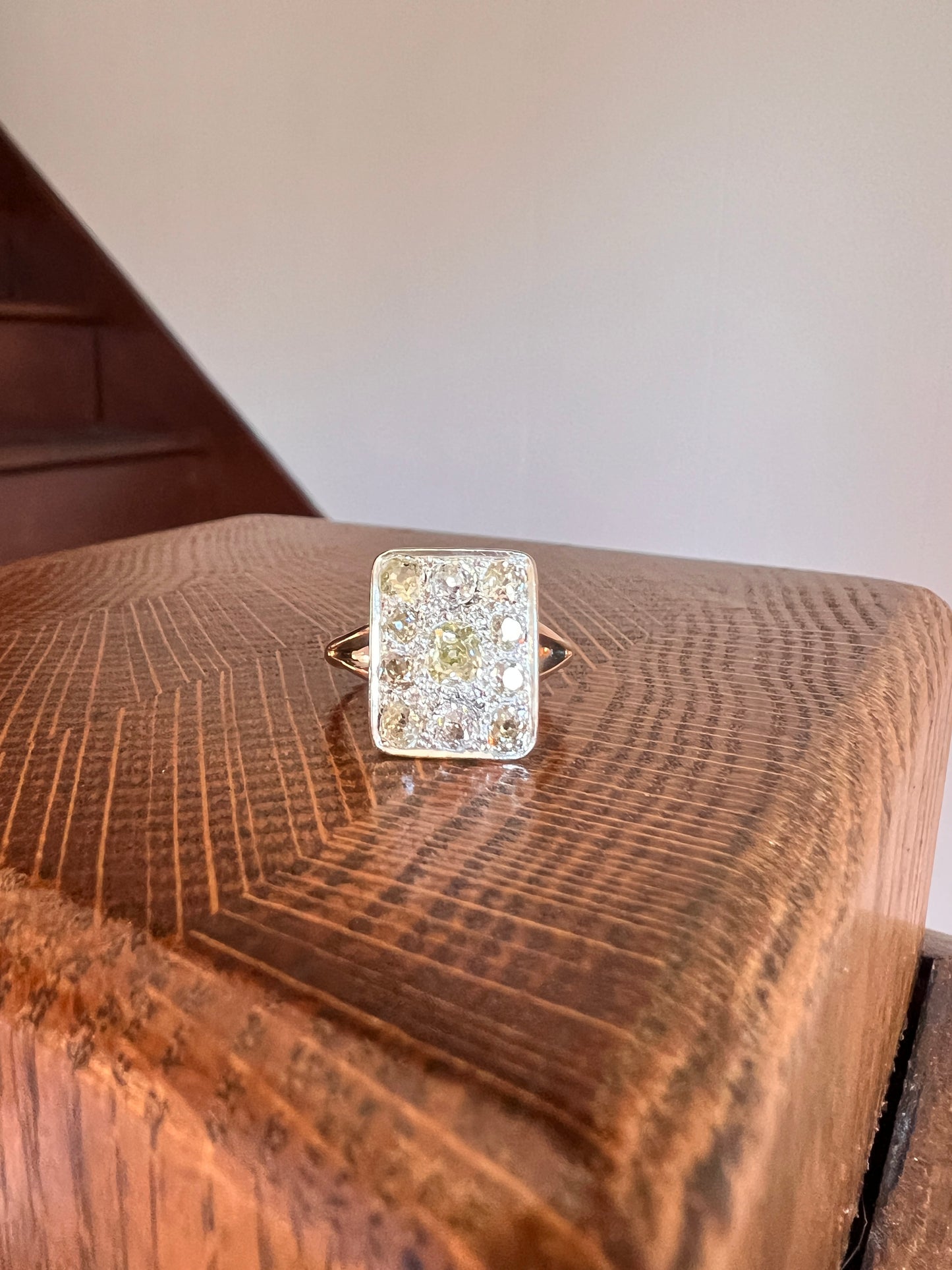 YELLOW Champagne Brown 1.75 Carat Old Mine Cut DIAMOND Grid Cluster Ring 18k Gold