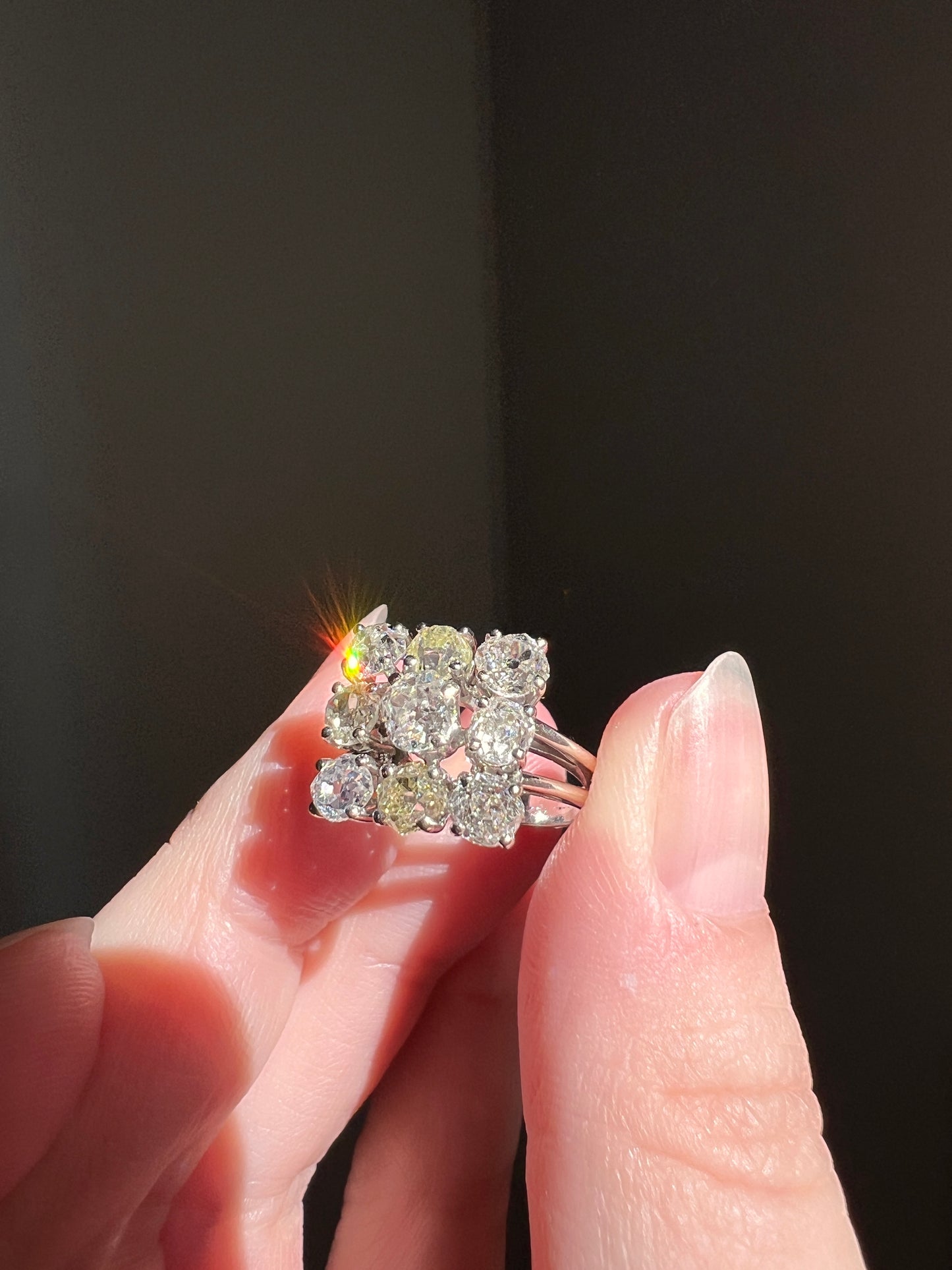 SQUARE Domed Grid French ANTIQUE 1.75 Carats Old Mine Cut Yellow & White DIAMOND Cluster Ring 18k White Gold