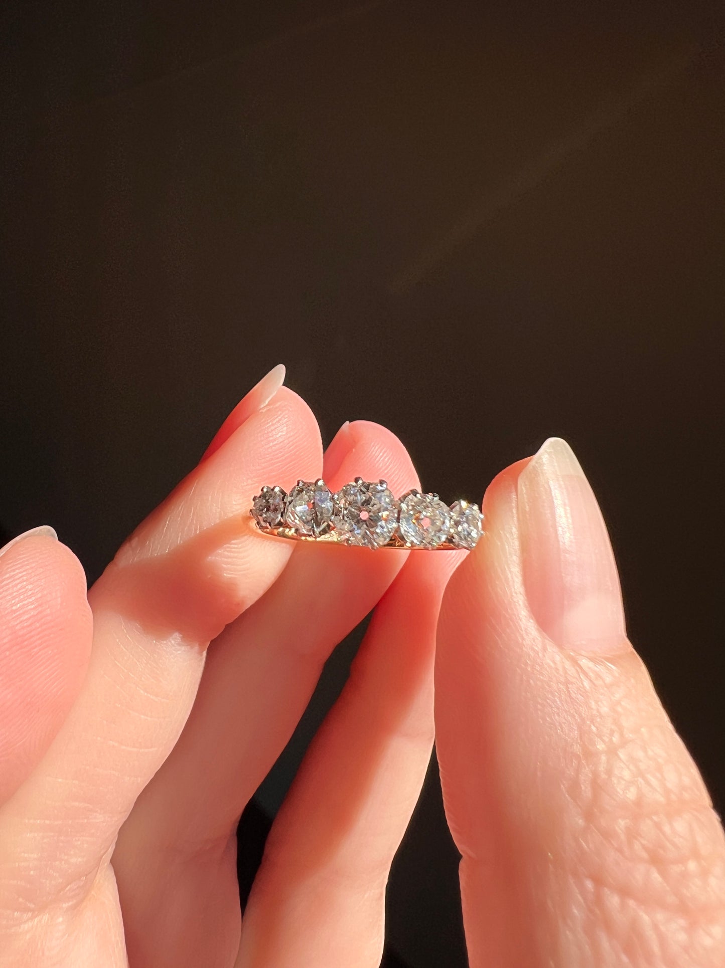 DATED 1922 Antique .9 Carat Old Mine Cut DIAMOND 18k Gold Antique Ring Five Stone Art Deco Stacker Band