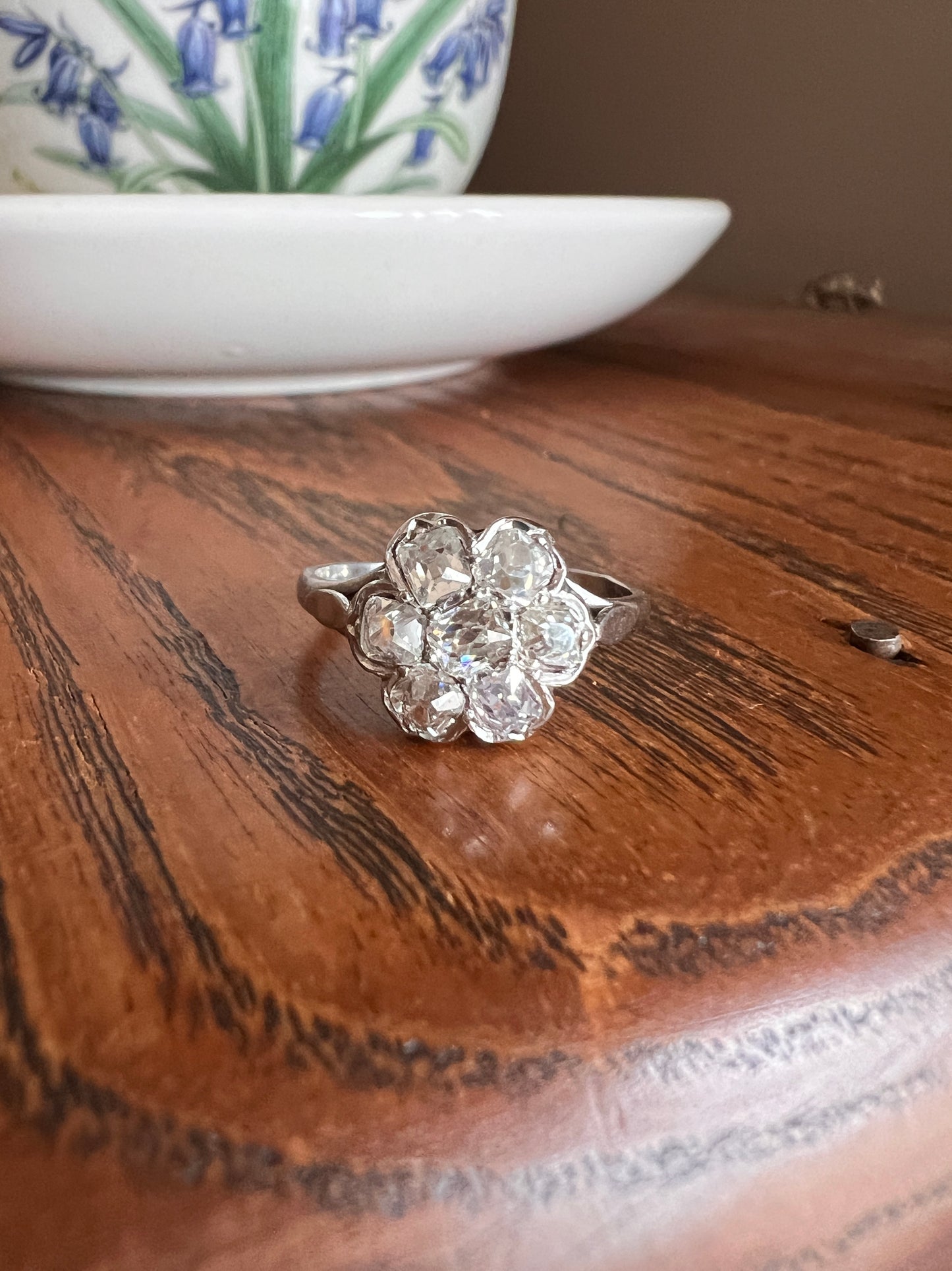 Old Mine Cut DIAMOND 1.2 Carat Daisy Cluster Ring PLATINUM French Antique Seven Stone