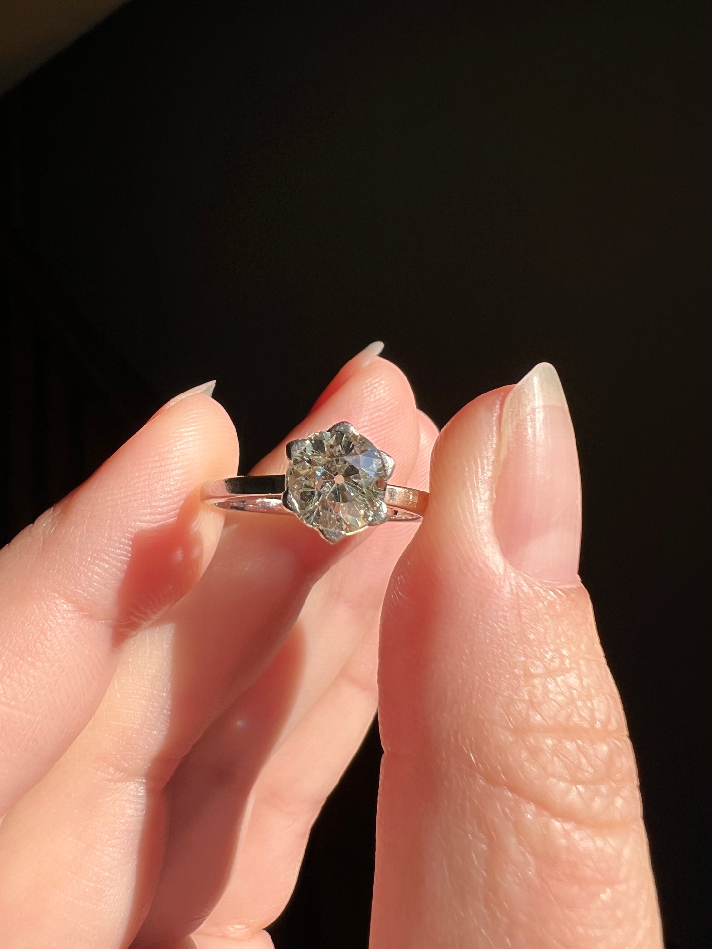 Antique 1 CARAT Old Mine Cut DIAMOND Solitaire Engagement Ring 18k White Gold PLATINUM French Art Deco Warm Very Pale Yellow Tall