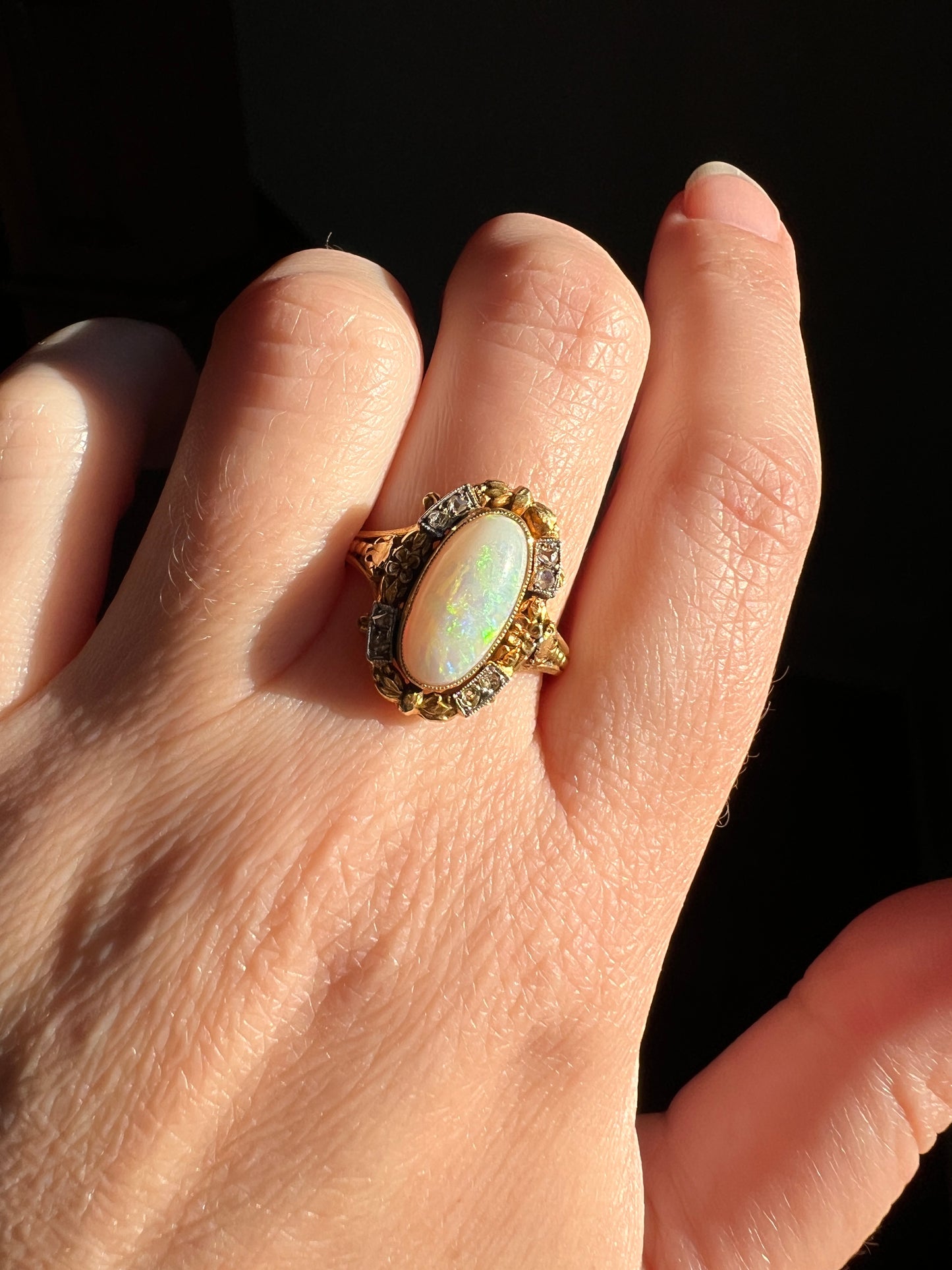 Unique OPAL Art NOUVEAU Floral Garland French Antique 18k Gold Rose Cut Diamond Ring Bows Forget Me Not Halo