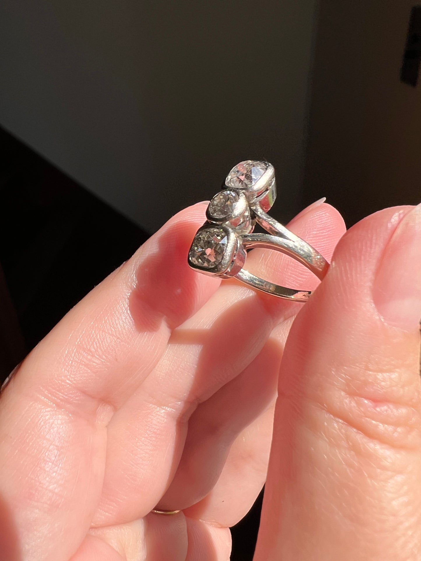 Three Stone 1.75 CARAT Old Mine Cut DIAMOND French Antique 18k White Gold Ring