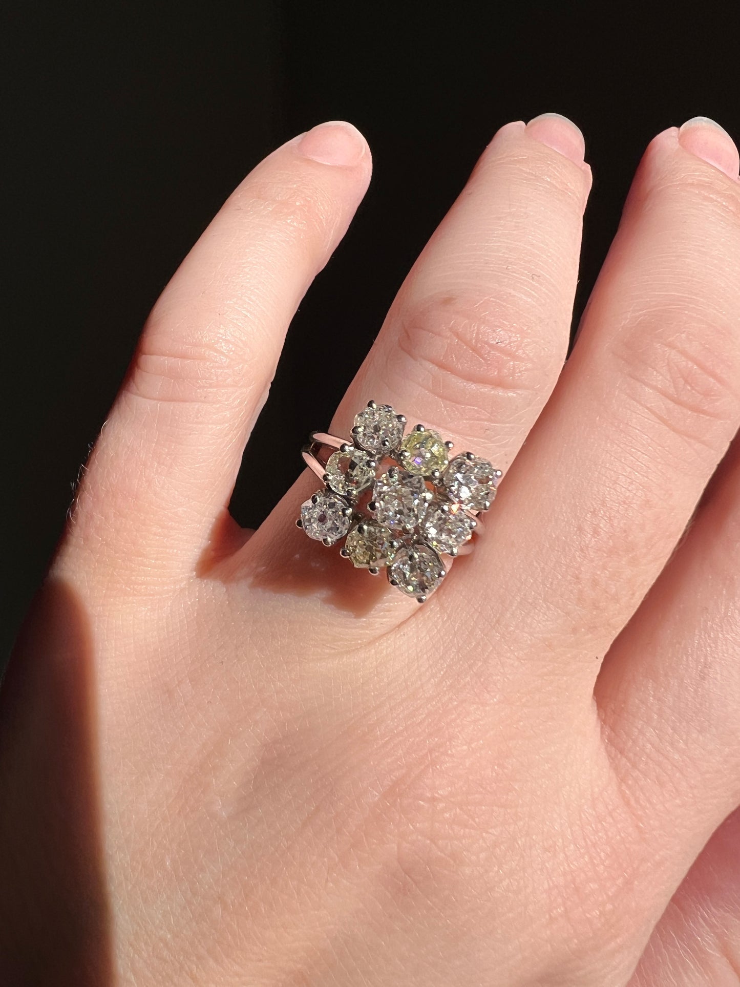 SQUARE Domed Grid French ANTIQUE 1.75 Carats Old Mine Cut Yellow & White DIAMOND Cluster Ring 18k White Gold