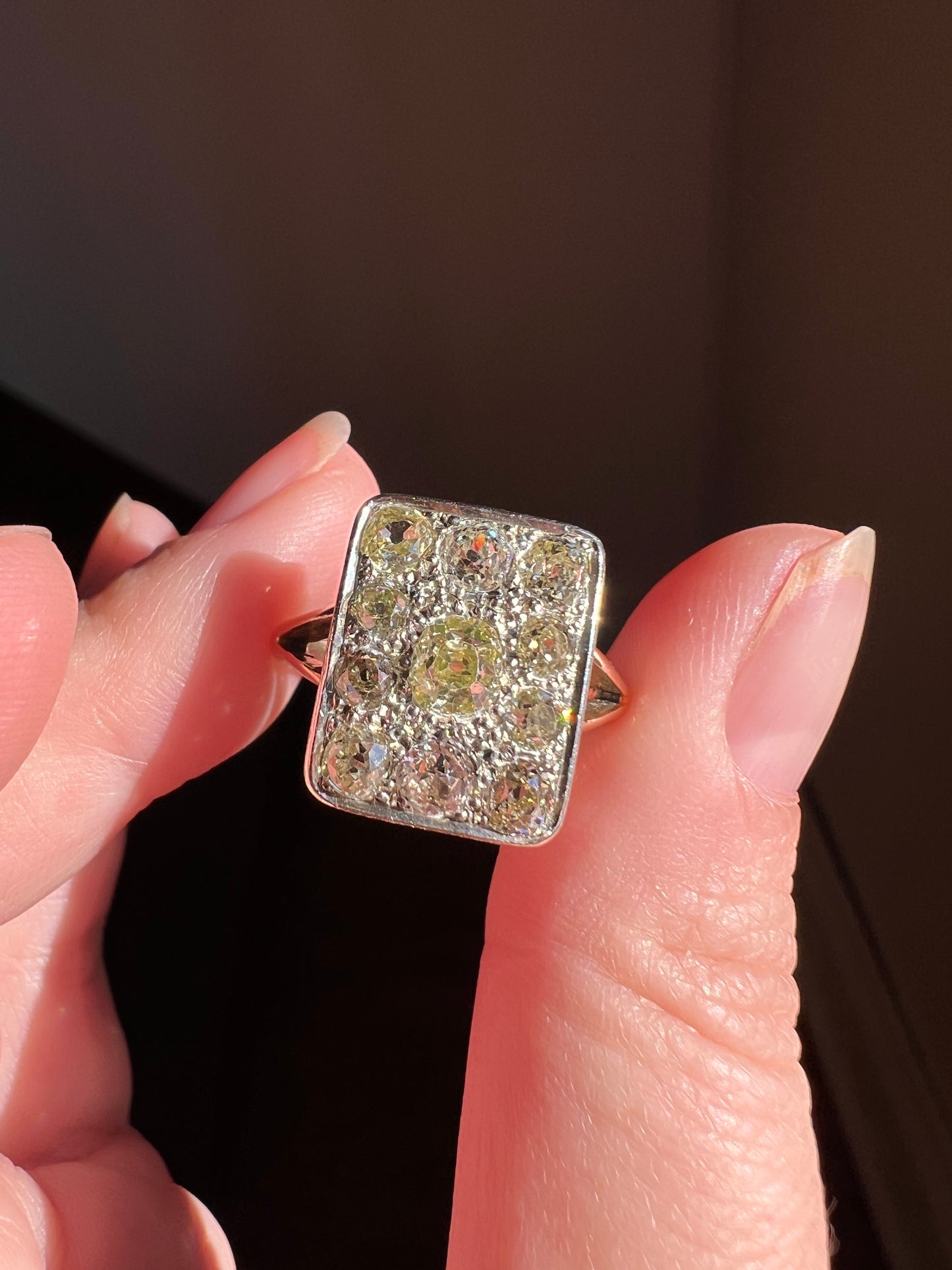 YELLOW Champagne Brown 1.75 Carat Old Mine Cut DIAMOND Grid Cluster Ring 18k Gold