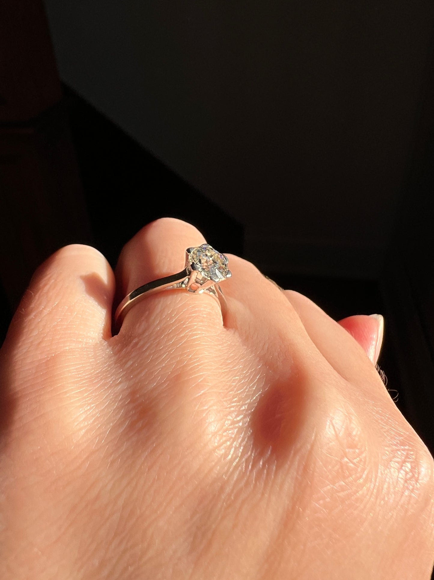 Antique 1 CARAT Old Mine Cut DIAMOND Solitaire Engagement Ring 18k White Gold PLATINUM French Art Deco Warm Very Pale Yellow Tall