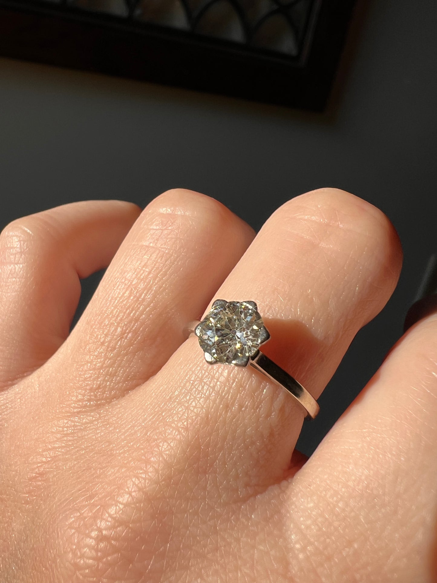 Antique 1 CARAT Old Mine Cut DIAMOND Solitaire Engagement Ring 18k White Gold PLATINUM French Art Deco Warm Very Pale Yellow Tall