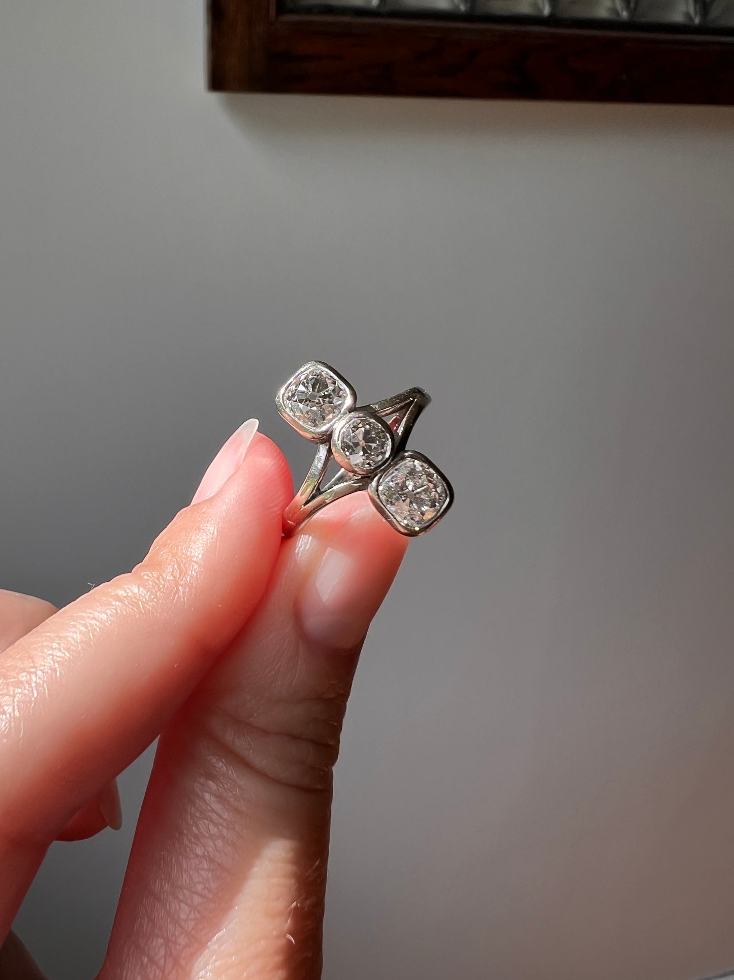 Three Stone 1.75 CARAT Old Mine Cut DIAMOND French Antique 18k White Gold Ring