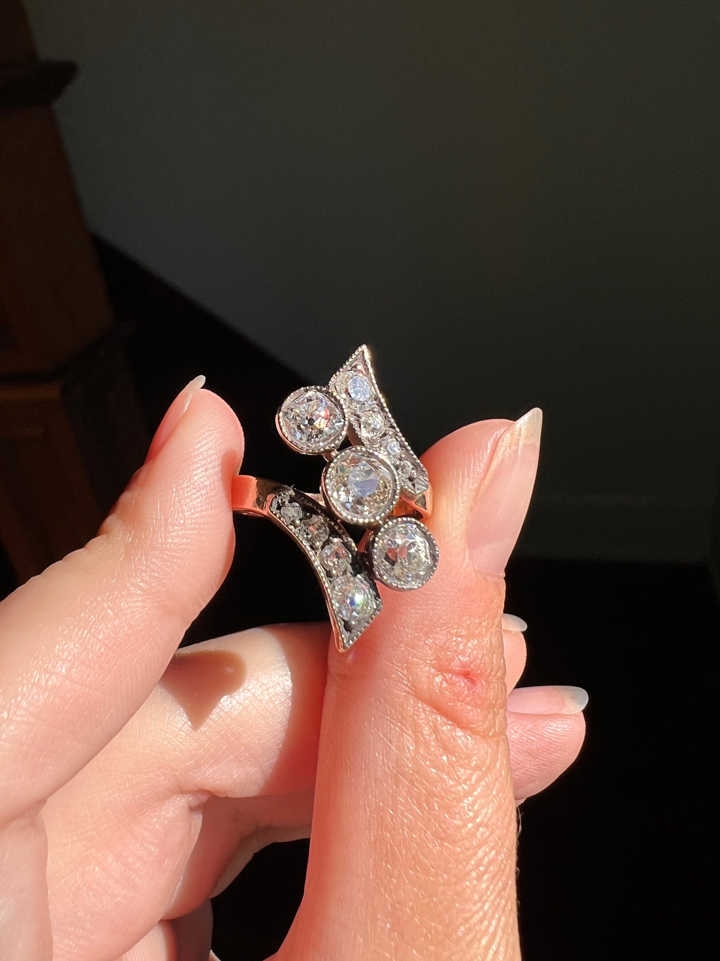 BYPASS Antique 2.1 CARATS Old Mine Cut DIAMOND Chunky Ring 14k Gold & Silver