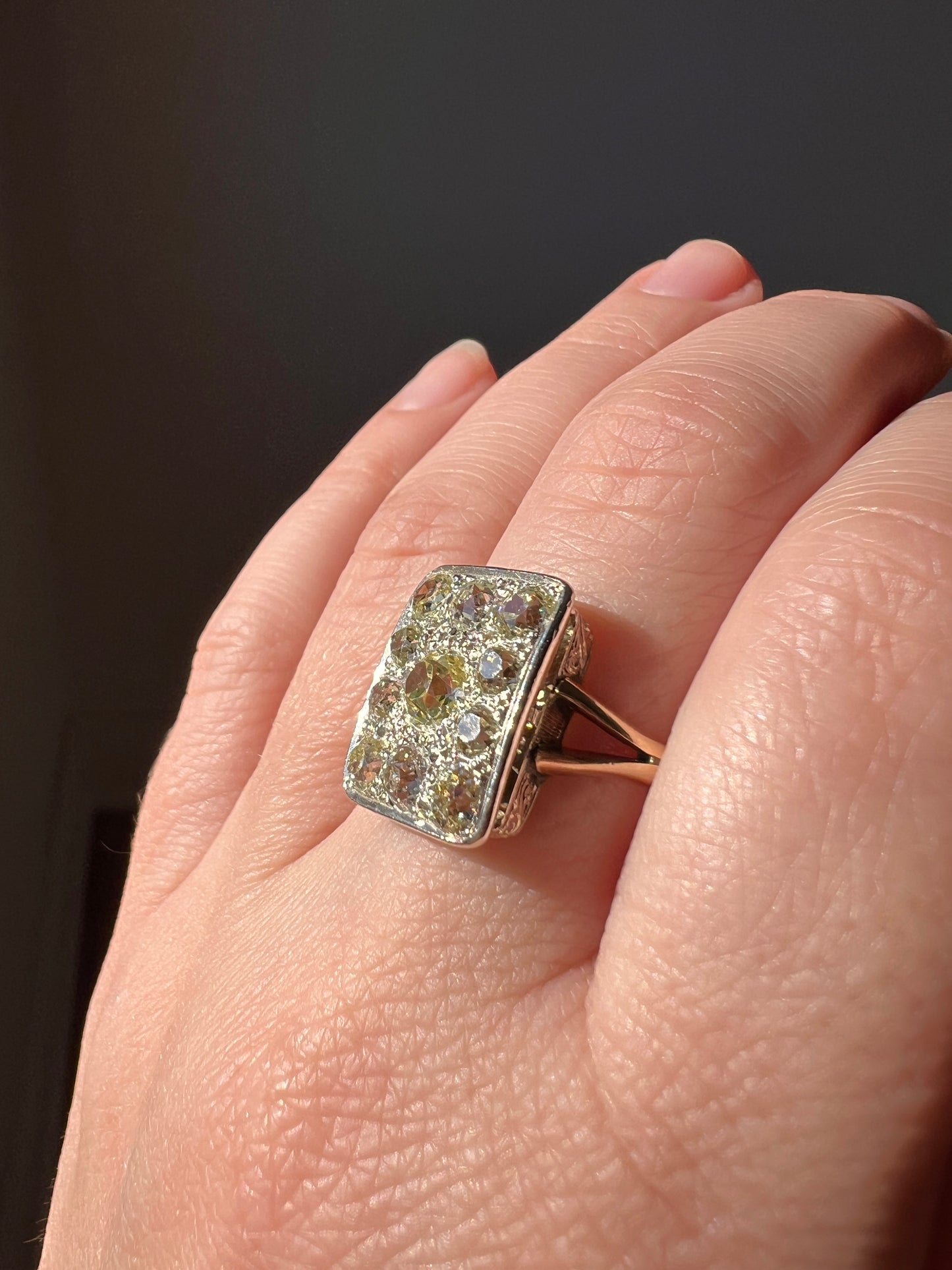 YELLOW Champagne Brown 1.75 Carat Old Mine Cut DIAMOND Grid Cluster Ring 18k Gold