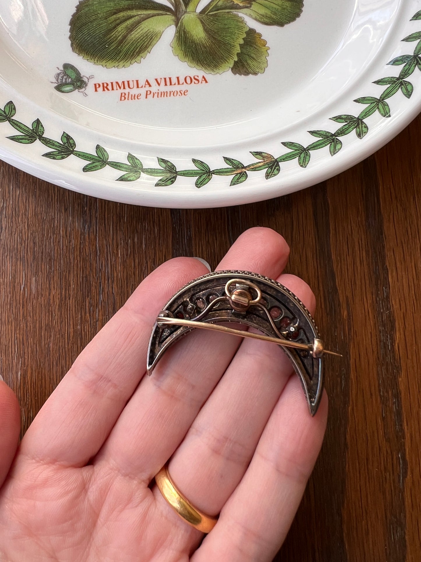 Special XL Crescent MOON 2 3/4 Carats Rose Old Mine European Cut DIAMOND Brooch Pendant French Antique 14k Rose Gold Silver