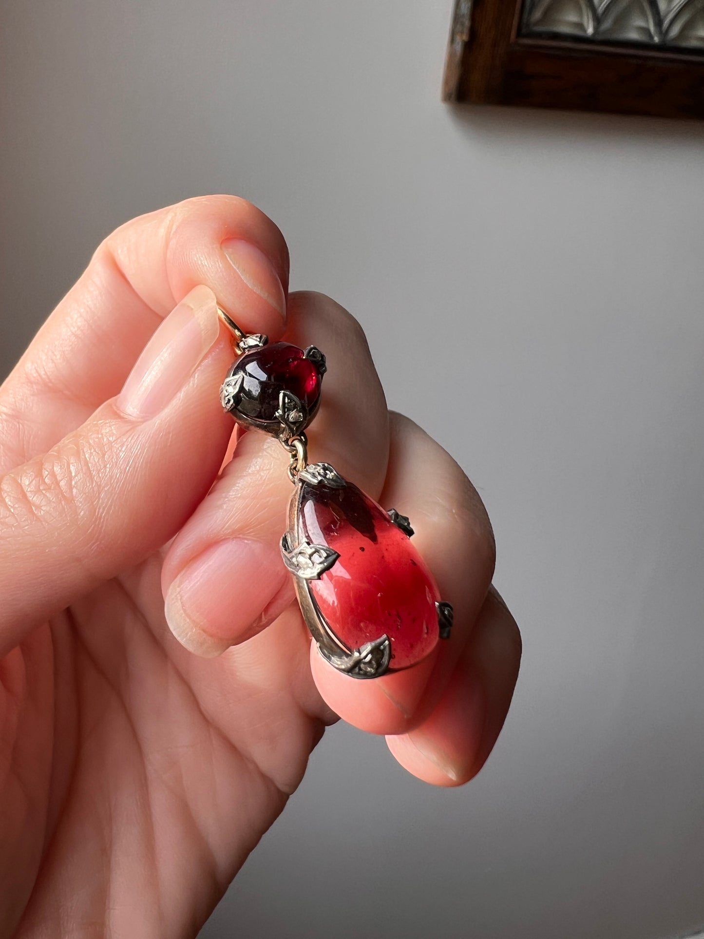 Large Juicy GARNET TEARDROP Pendant 18k Gold Rose Cut Diamond Vine Leaf Prongs French Antique Victorian Figural Pendant